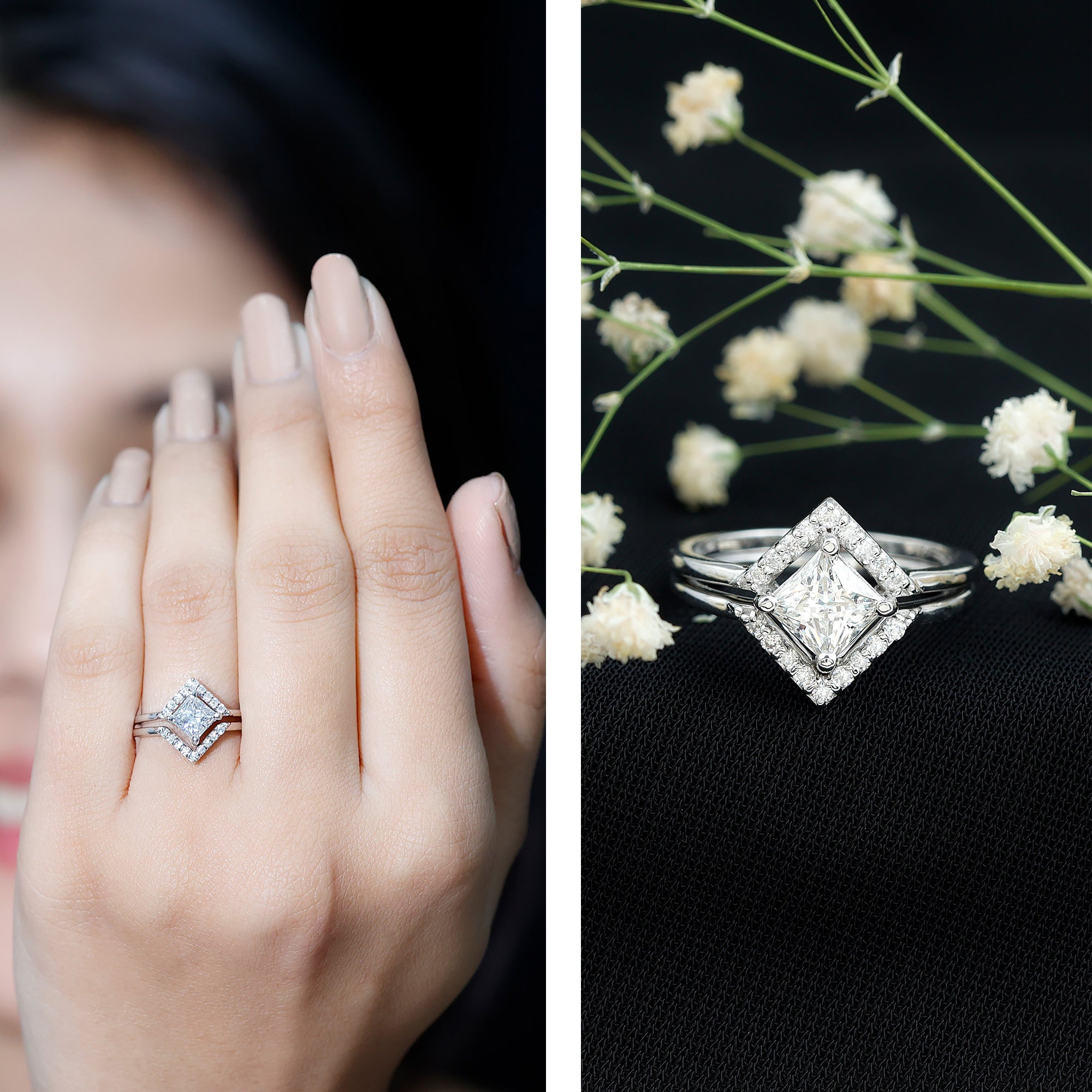 Certified Moissanite Princess Cut Wedding Ring Set for Women D-VS1 - Rosec Jewels
