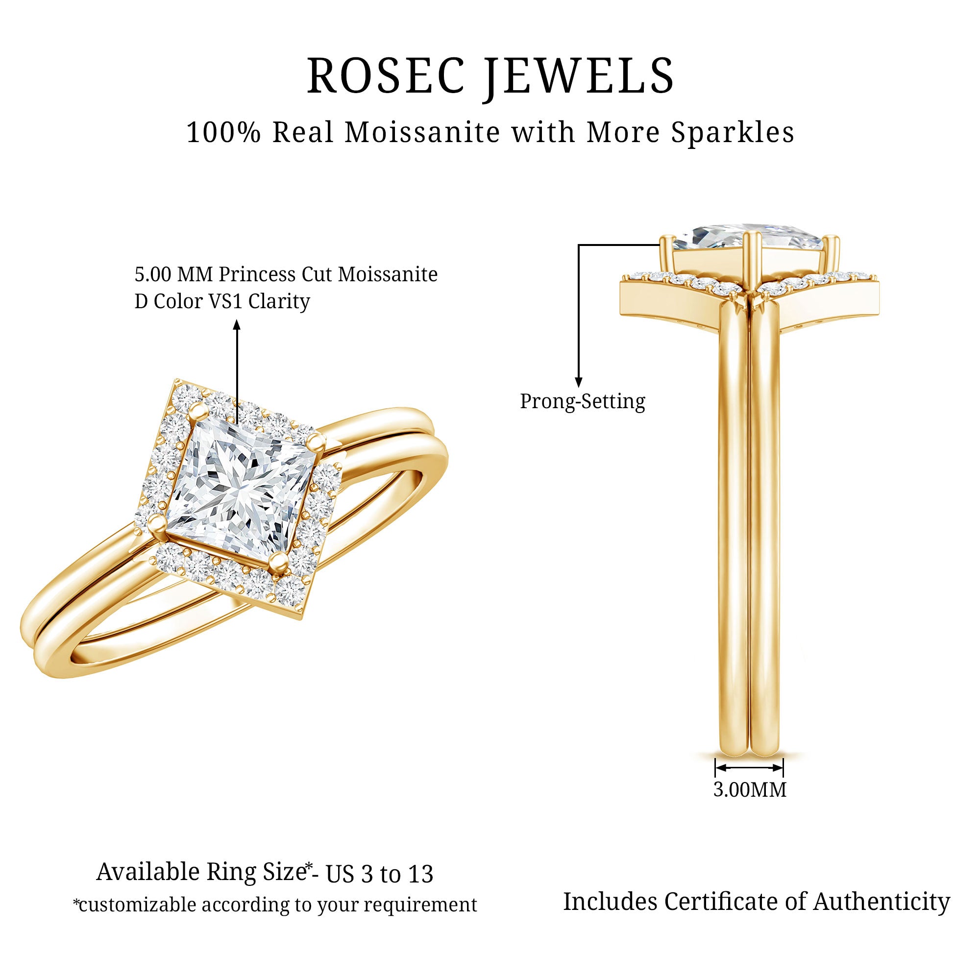 Certified Moissanite Princess Cut Wedding Ring Set for Women D-VS1 - Rosec Jewels