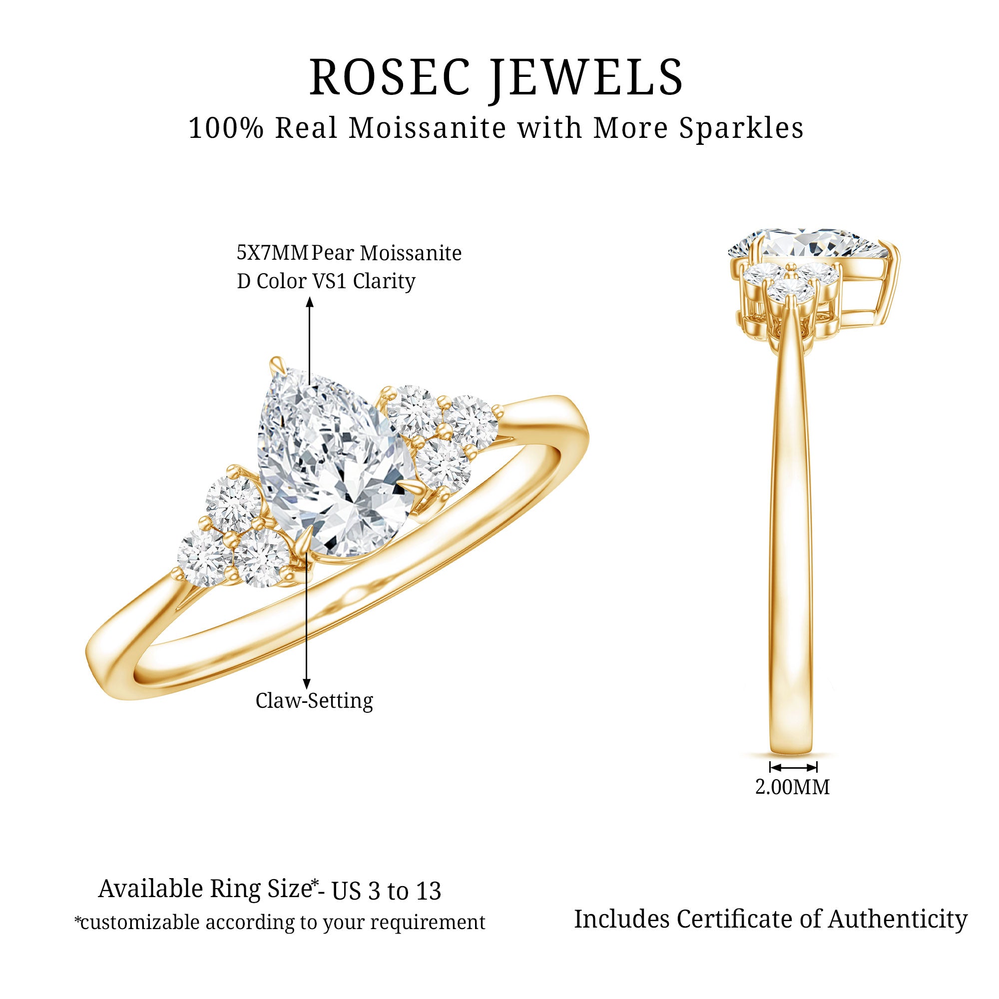 Brilliant Cut Moissanite Trio Engagement Ring For Women D-VS1 - Rosec Jewels
