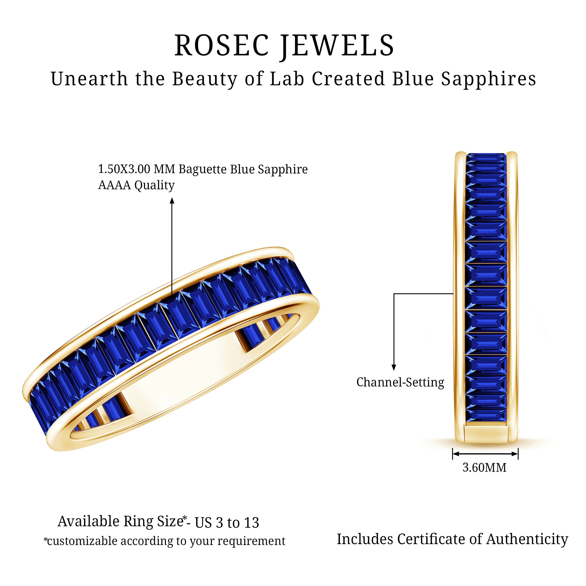 Certified Lab Grown Blue Sapphire Baguette Eternity Band Ring for Women AAAA - Rosec Jewels