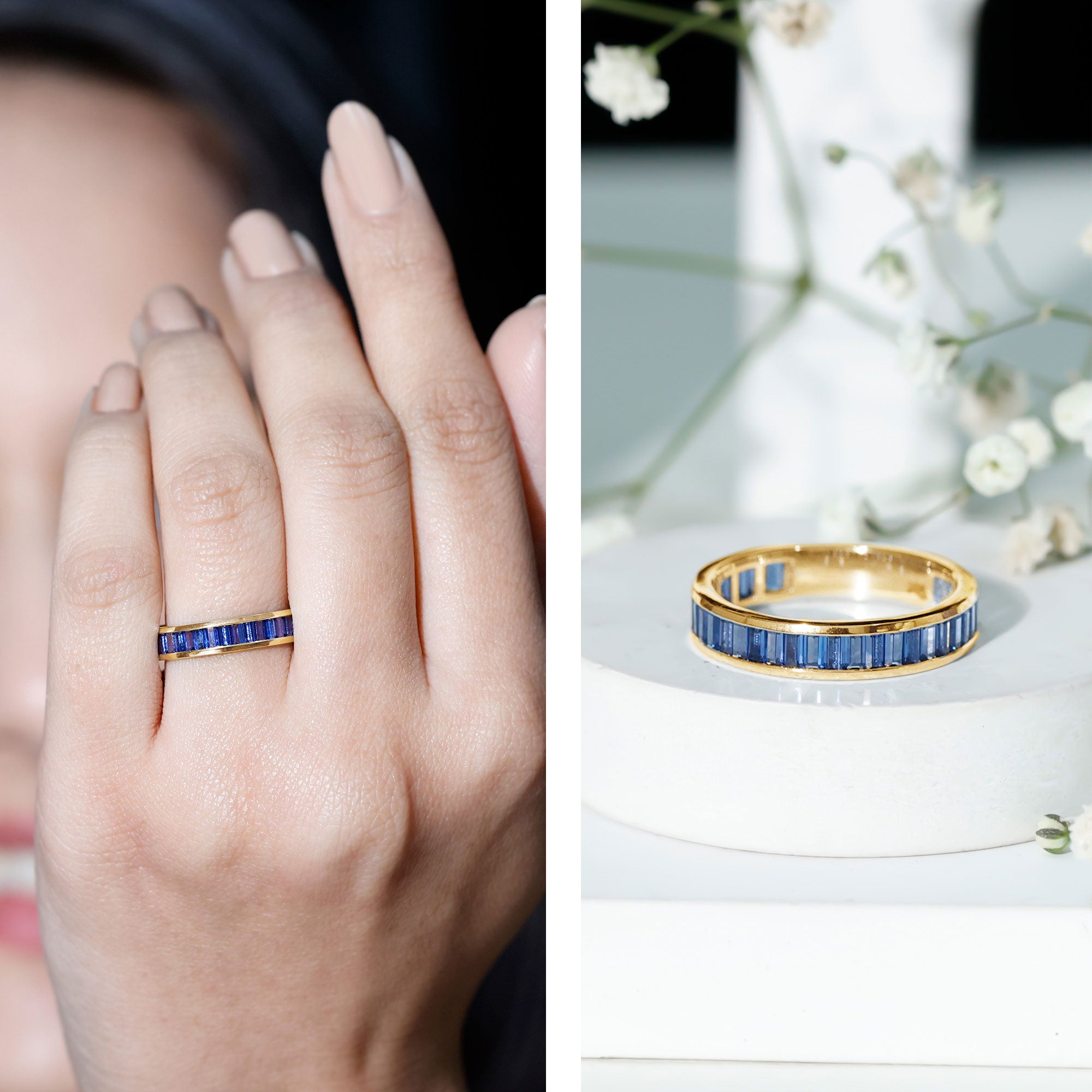 Certified Lab Grown Blue Sapphire Baguette Eternity Band Ring for Women AAAA - Rosec Jewels