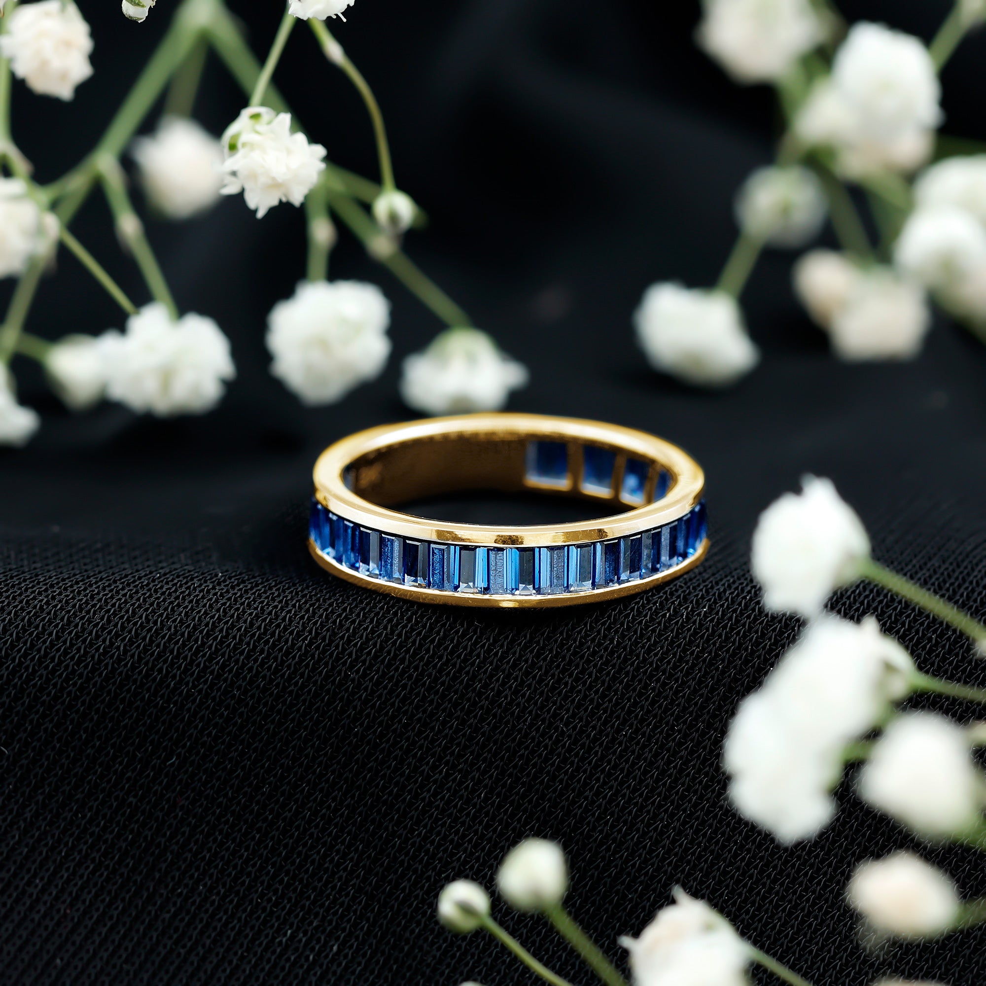 Certified Lab Grown Blue Sapphire Baguette Eternity Band Ring for Women AAAA - Rosec Jewels