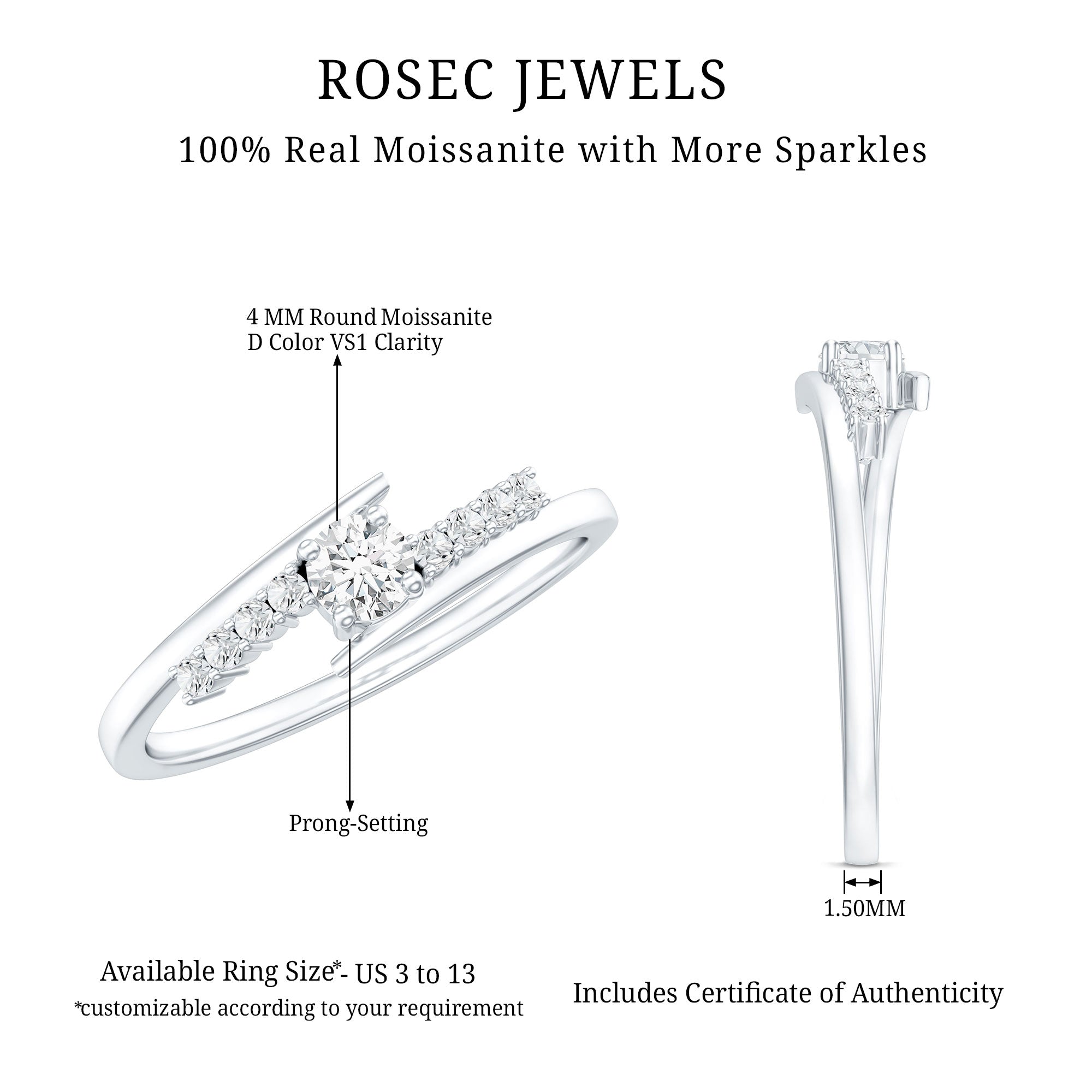 Round Cut Moissanite Promise Ring with Bypass Shank D-VS1 - Rosec Jewels