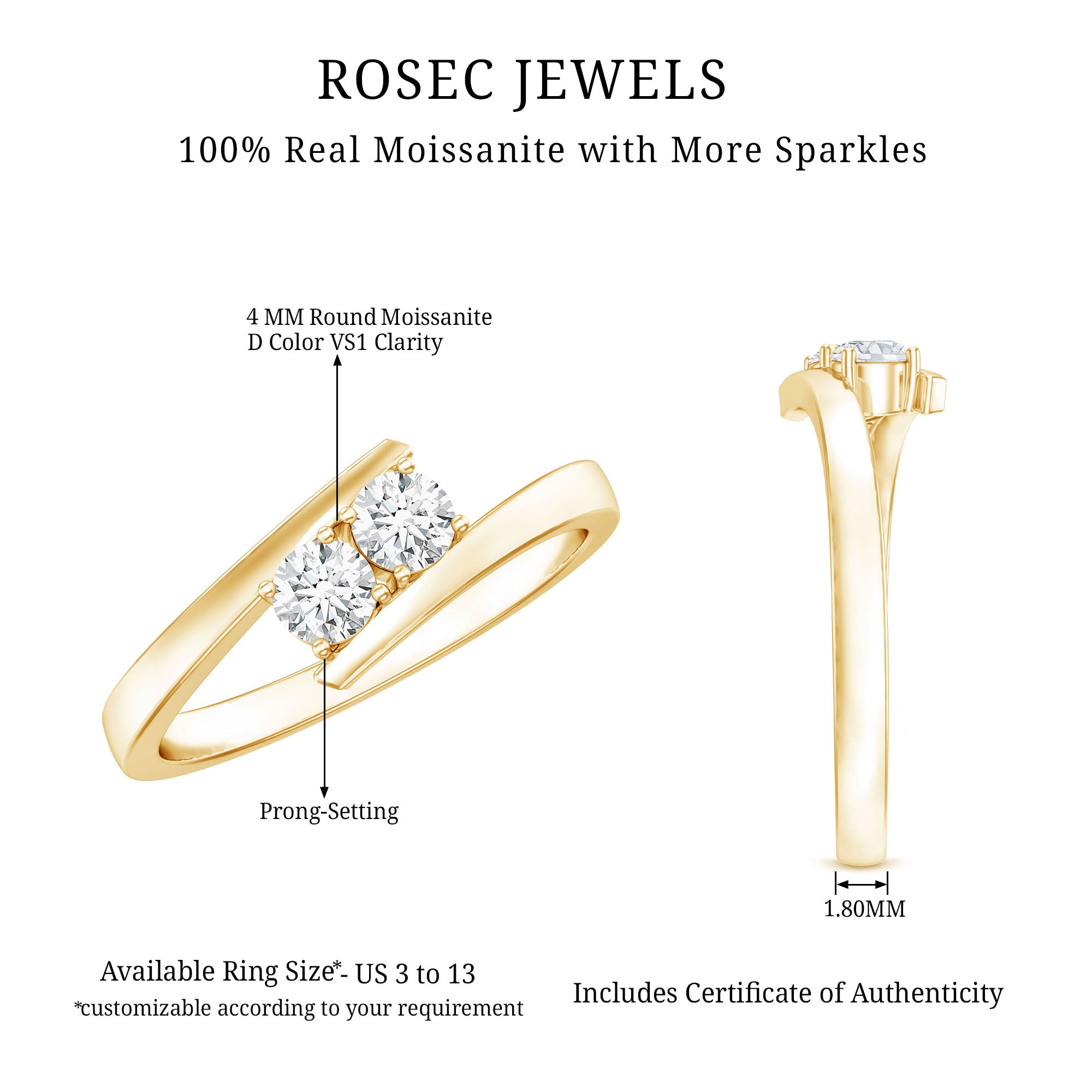 Certified Two Stone Moissanite Commitment Ring For Her D-VS1 - Rosec Jewels