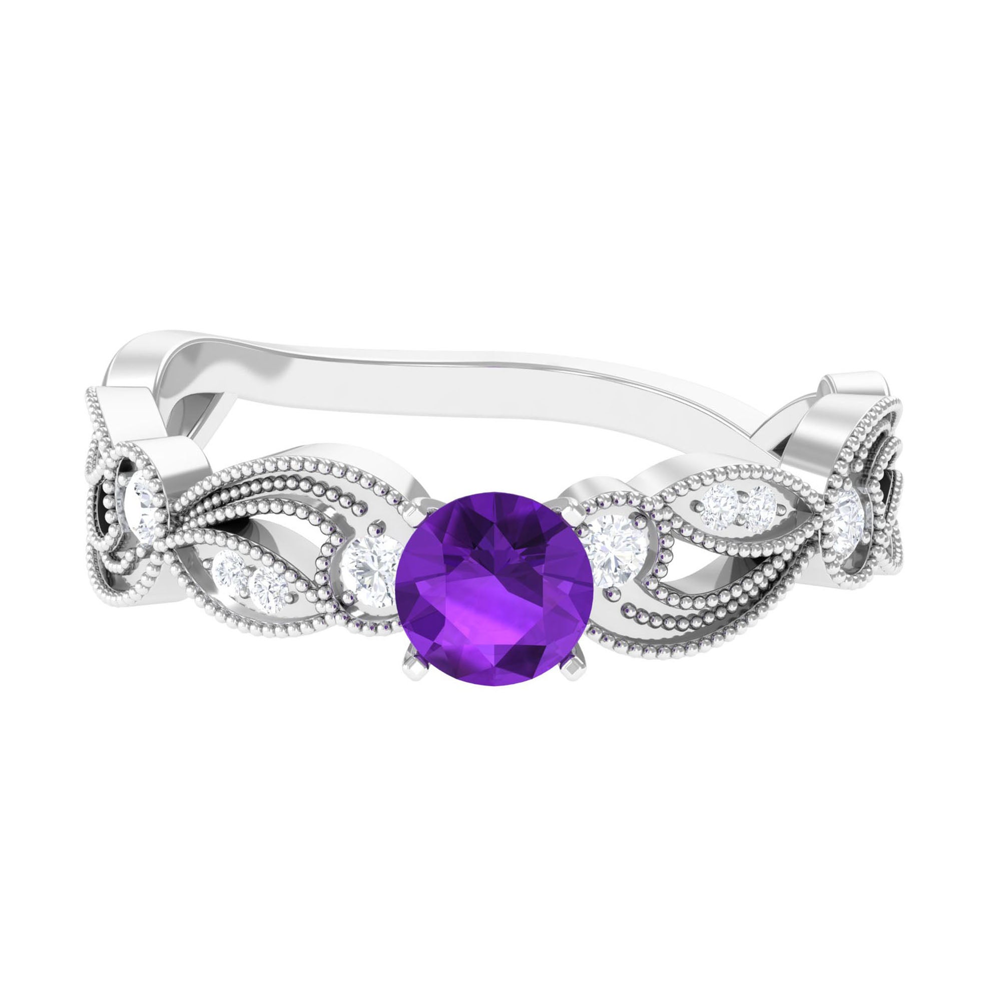 Antique Style Amethyst and Diamond Engagement Ring with Beaded Detailing