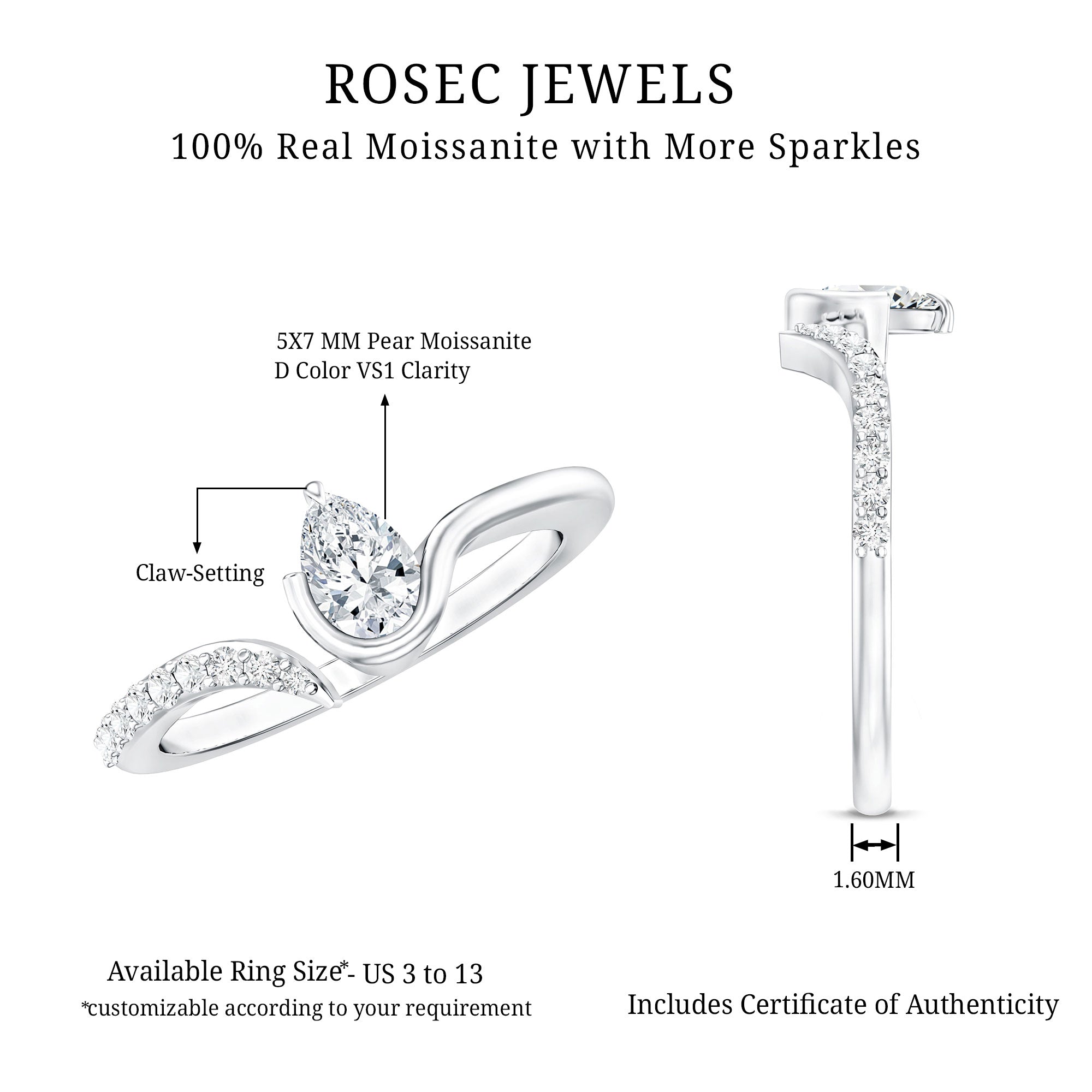 Pear Shaped Moissanite Cuff Ring for Women D-VS1 - Rosec Jewels