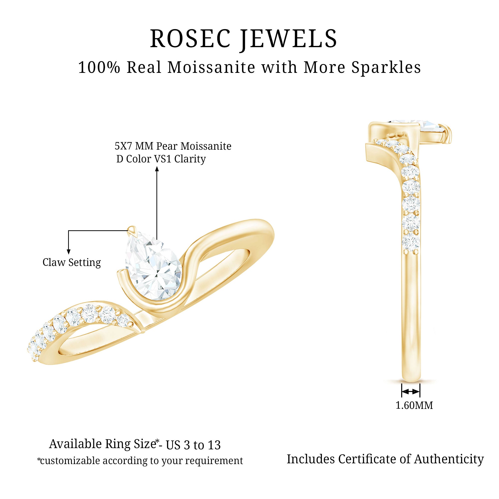 Pear Shaped Moissanite Cuff Ring for Women D-VS1 - Rosec Jewels
