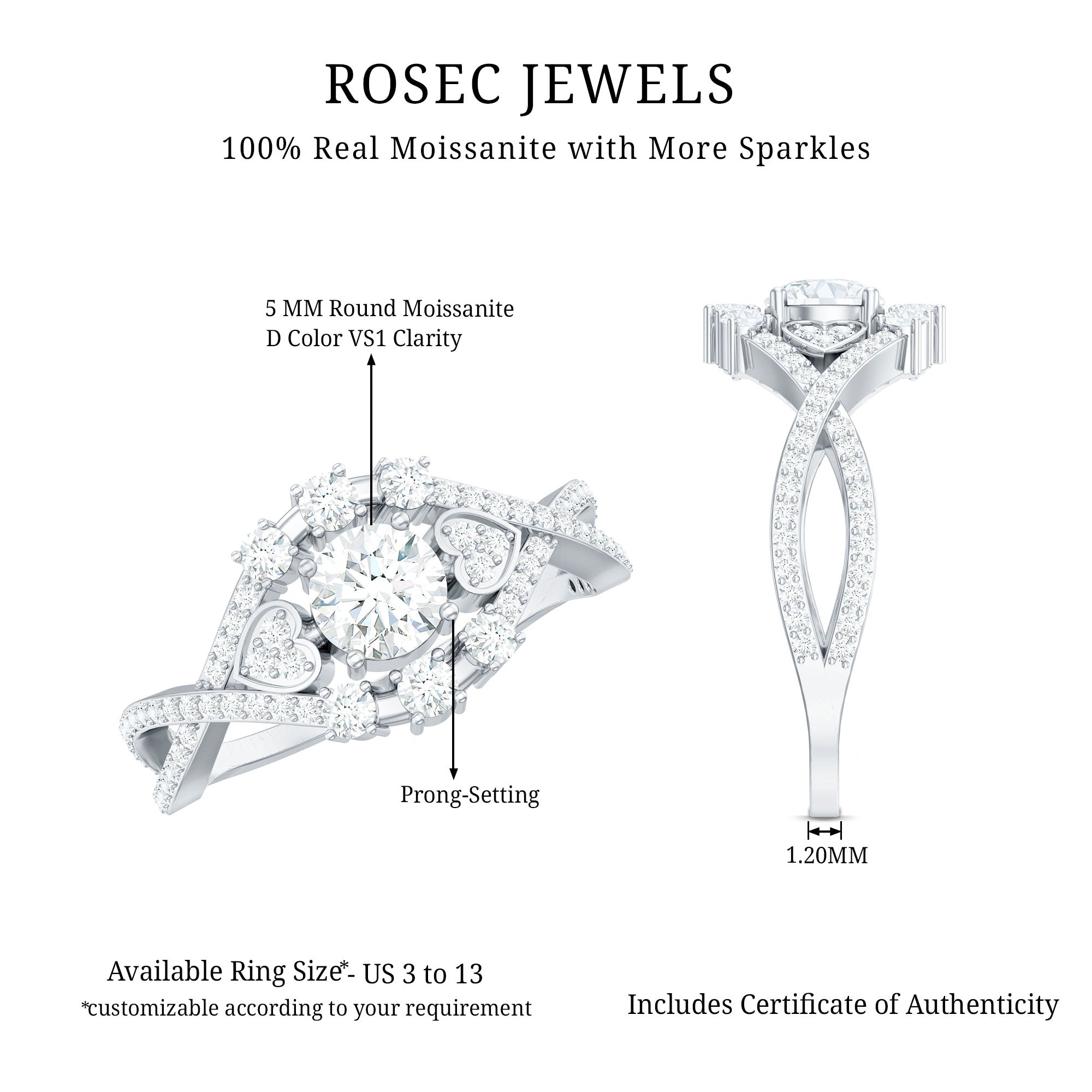 Designer Moissanite Beautiful Engagement Ring with Certificate D-VS1 - Rosec Jewels