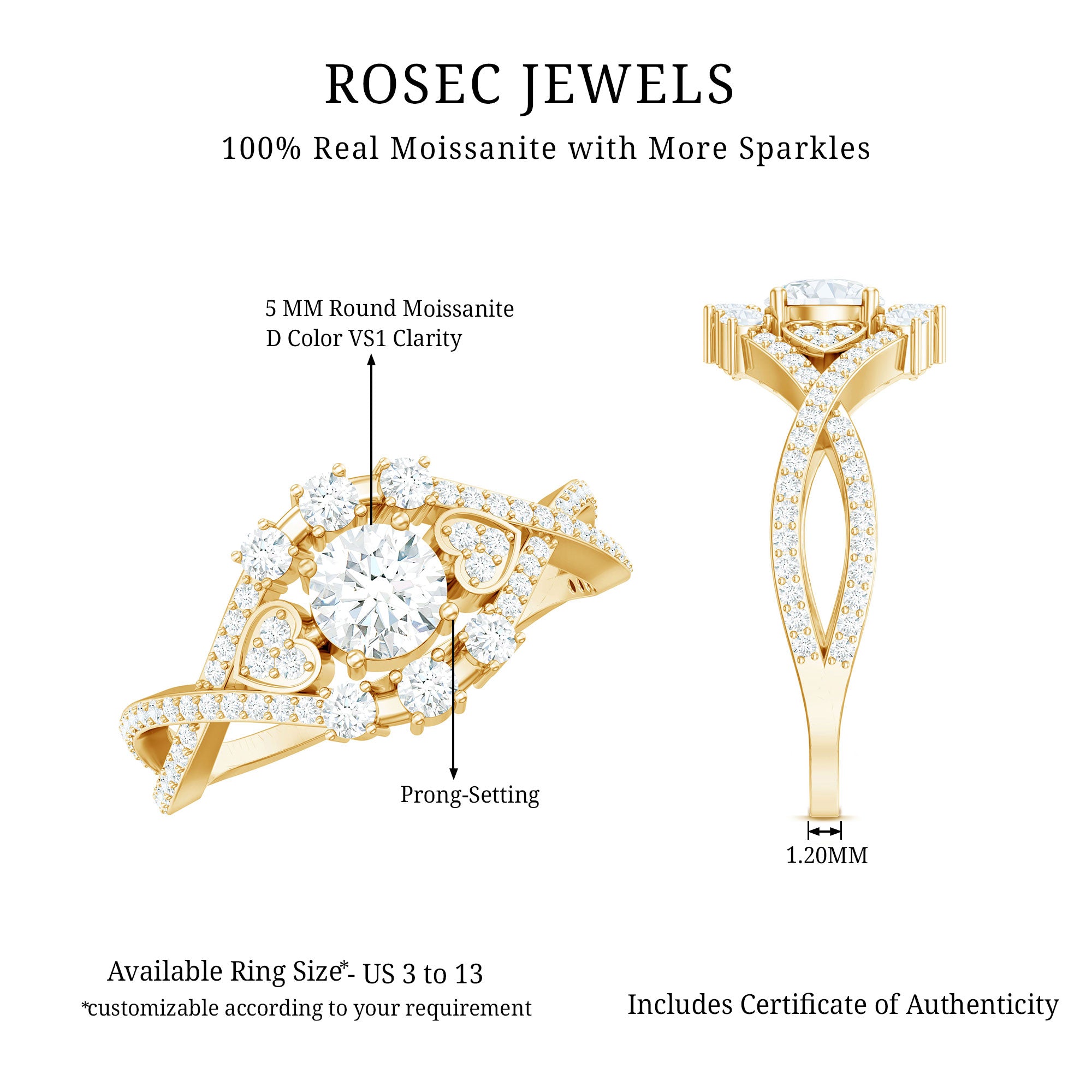 Designer Moissanite Beautiful Engagement Ring with Certificate D-VS1 - Rosec Jewels