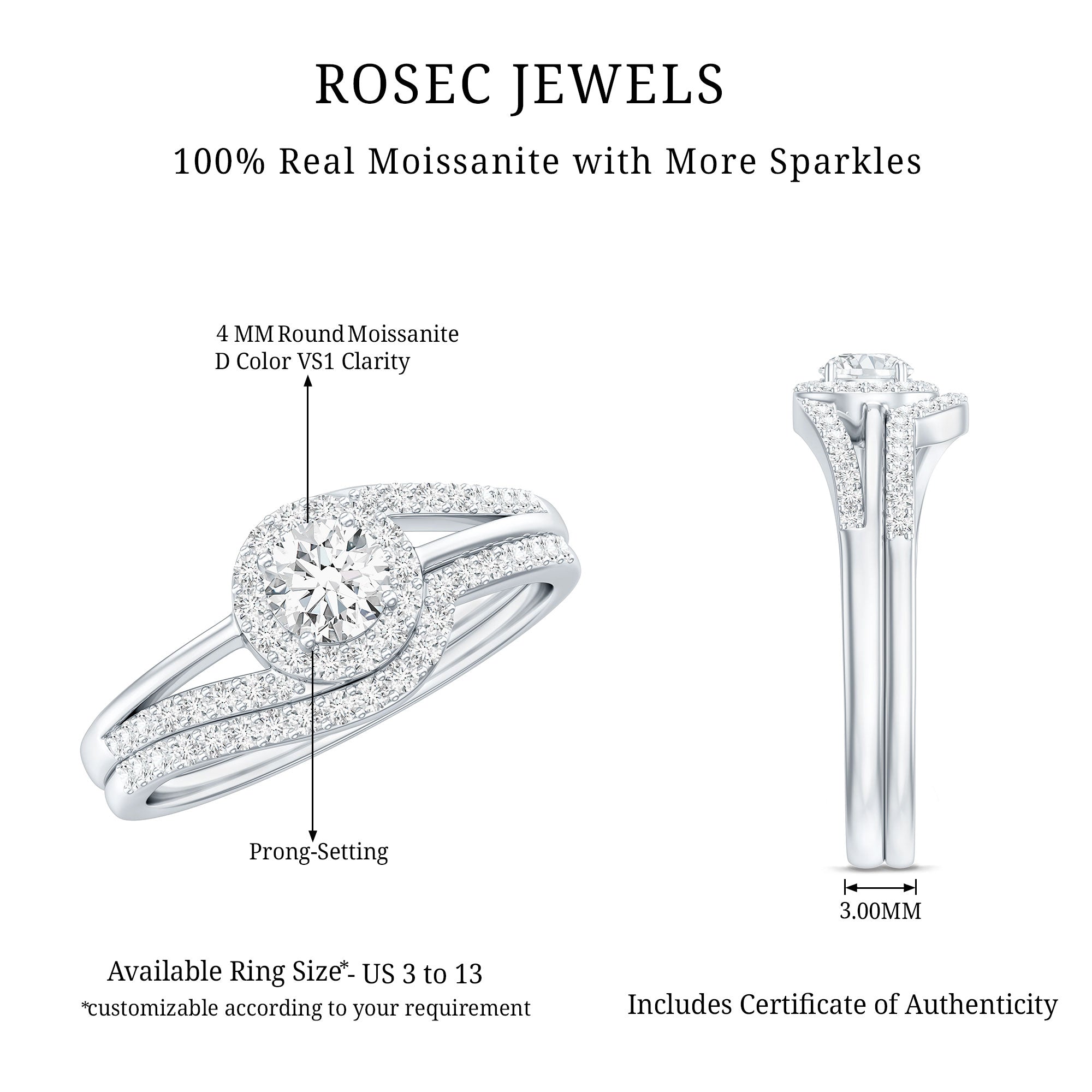 Rosec Jewels-Round Moissanite Bypass Wedding Ring Set
