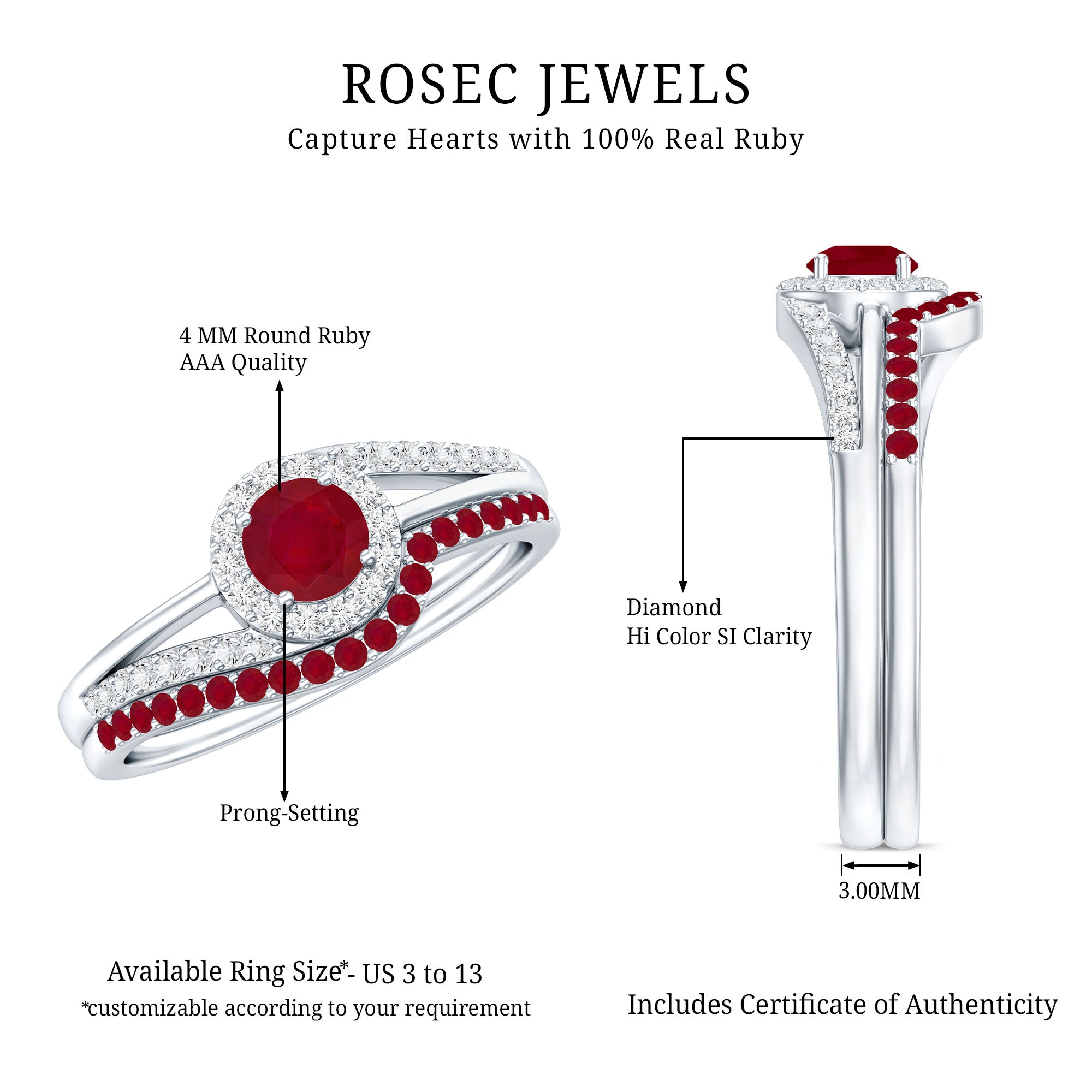 Natural Ruby Diamond Wedding Engagement Ring Set for Women AAA - Rosec Jewels
