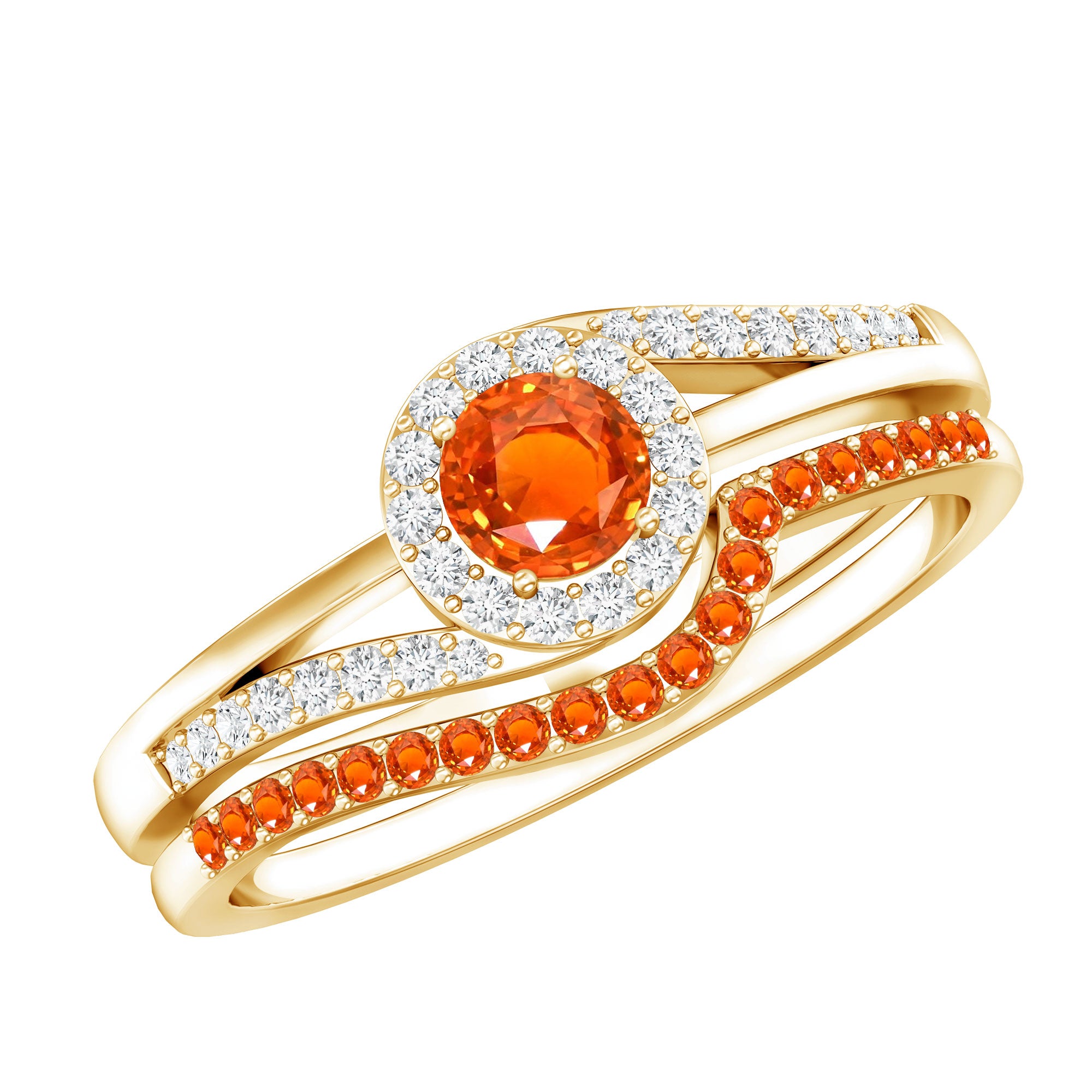Certified Lab Grown Orange Sapphire Engagement Ring with Diamond Wedding Band AAAA - Rosec Jewels