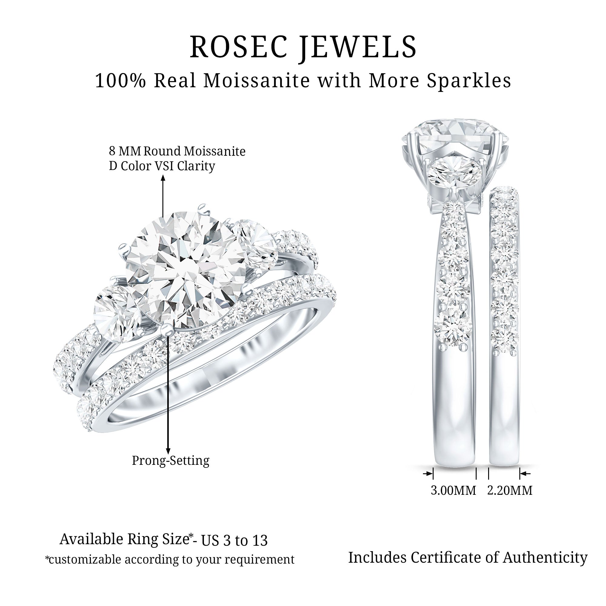 Certified Moissanite Classic Bridal Ring Set D-VS1 - Rosec Jewels