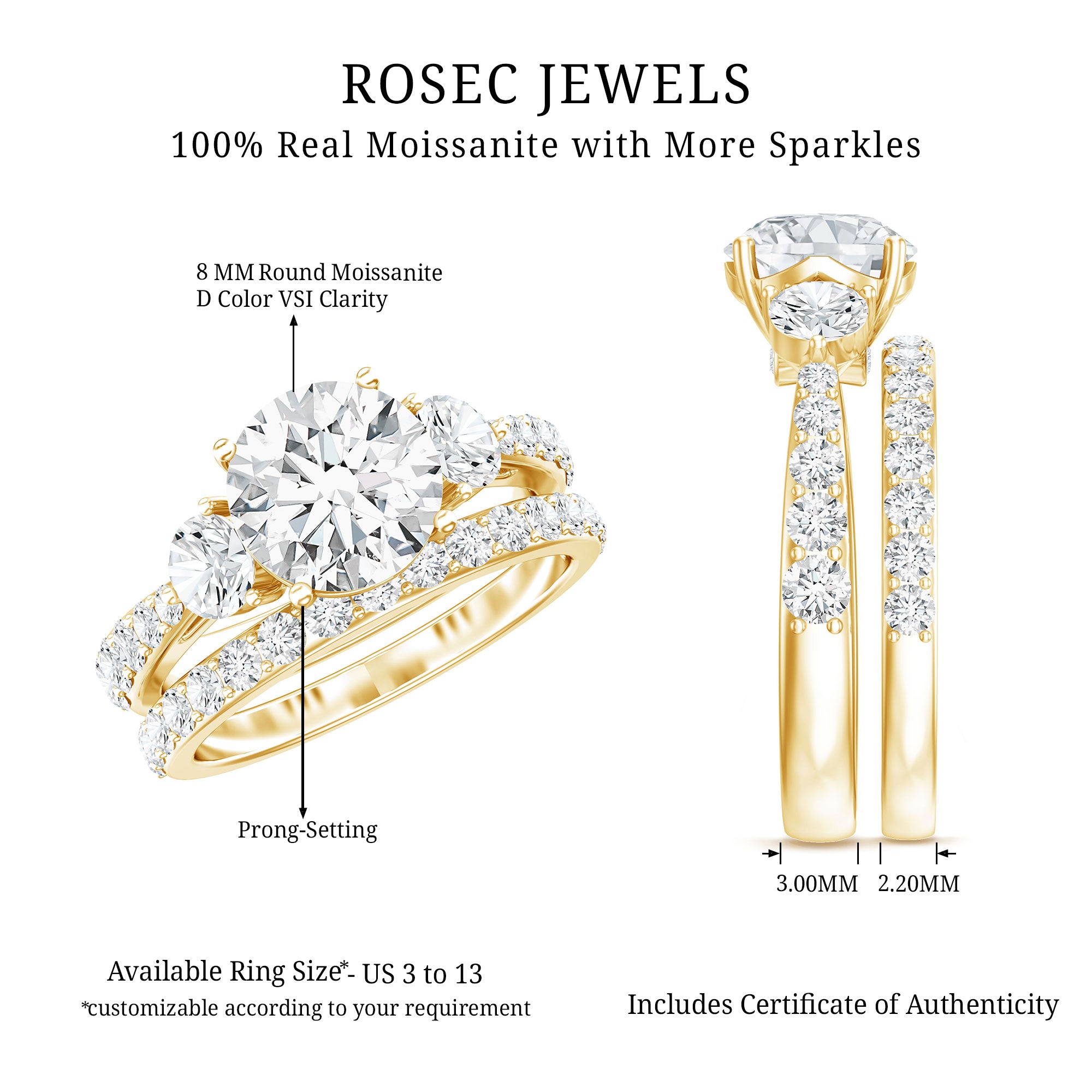 Certified Moissanite Classic Bridal Ring Set D-VS1 - Rosec Jewels