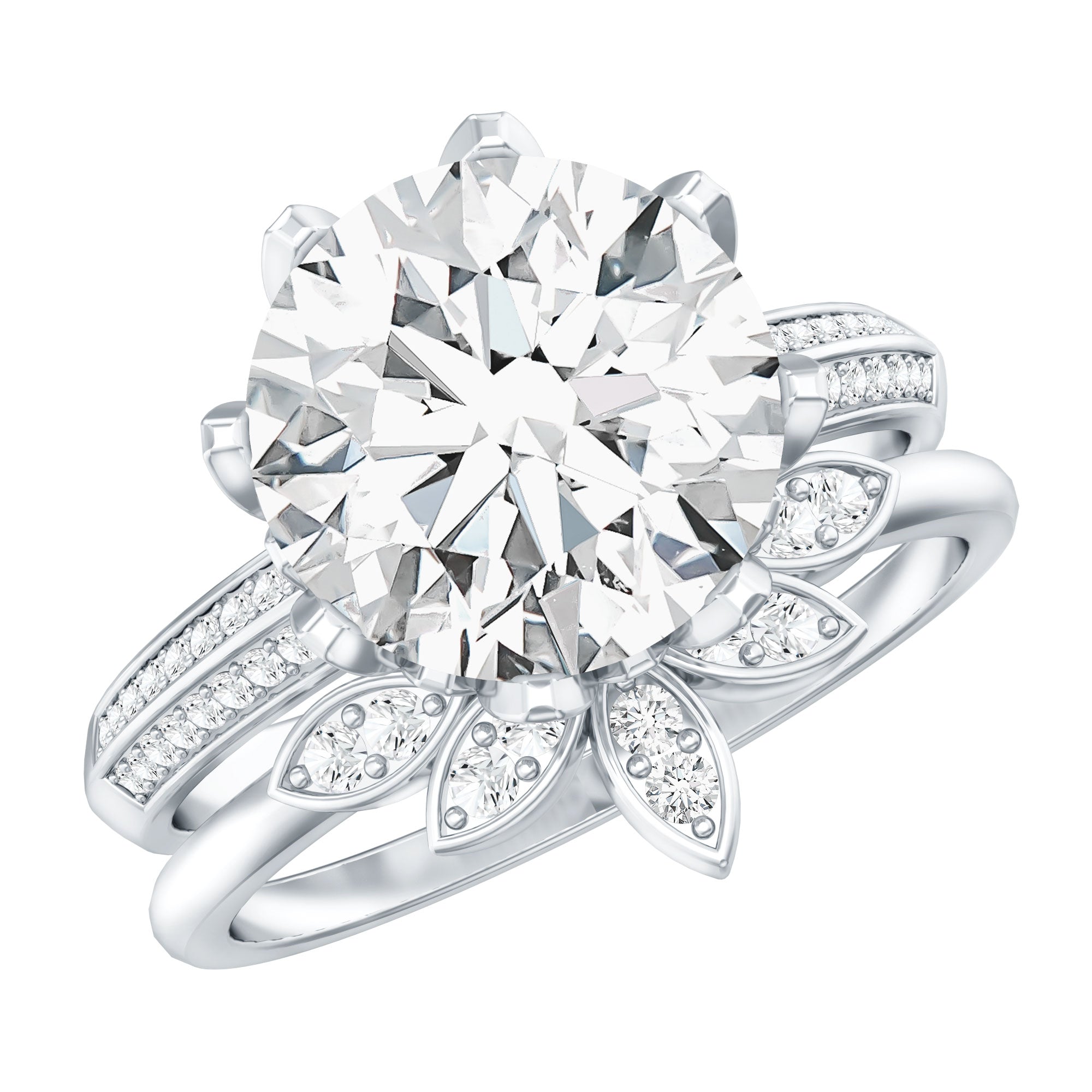 10MM Round Moissanite Flower Engagement Ring With Enhancer D-VS1 - Rosec Jewels