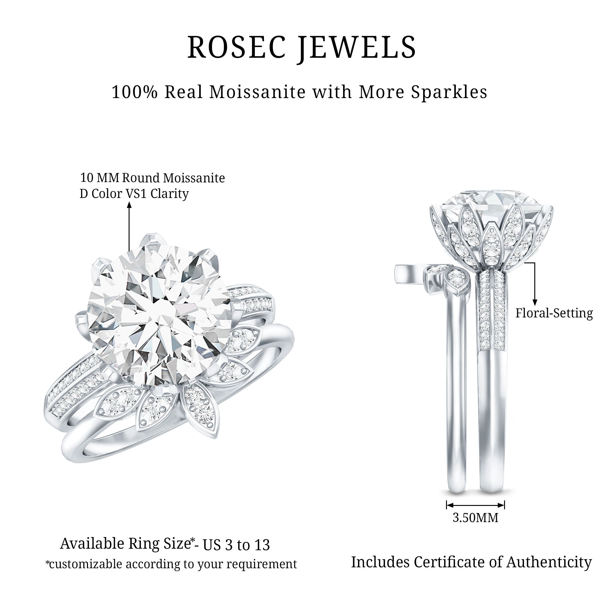 10MM Round Moissanite Flower Engagement Ring With Enhancer D-VS1 - Rosec Jewels