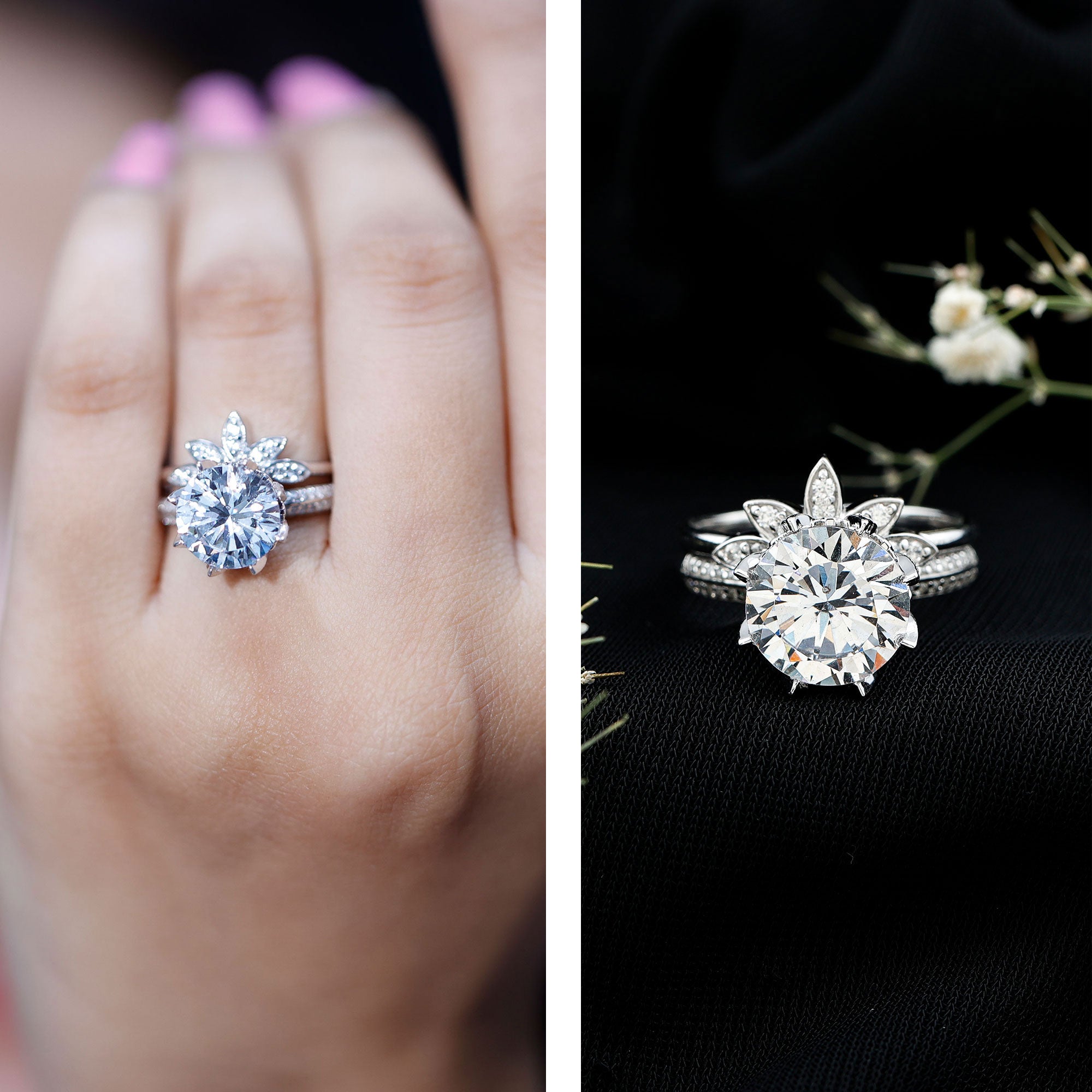 10MM Round Moissanite Flower Engagement Ring With Enhancer D-VS1 - Rosec Jewels