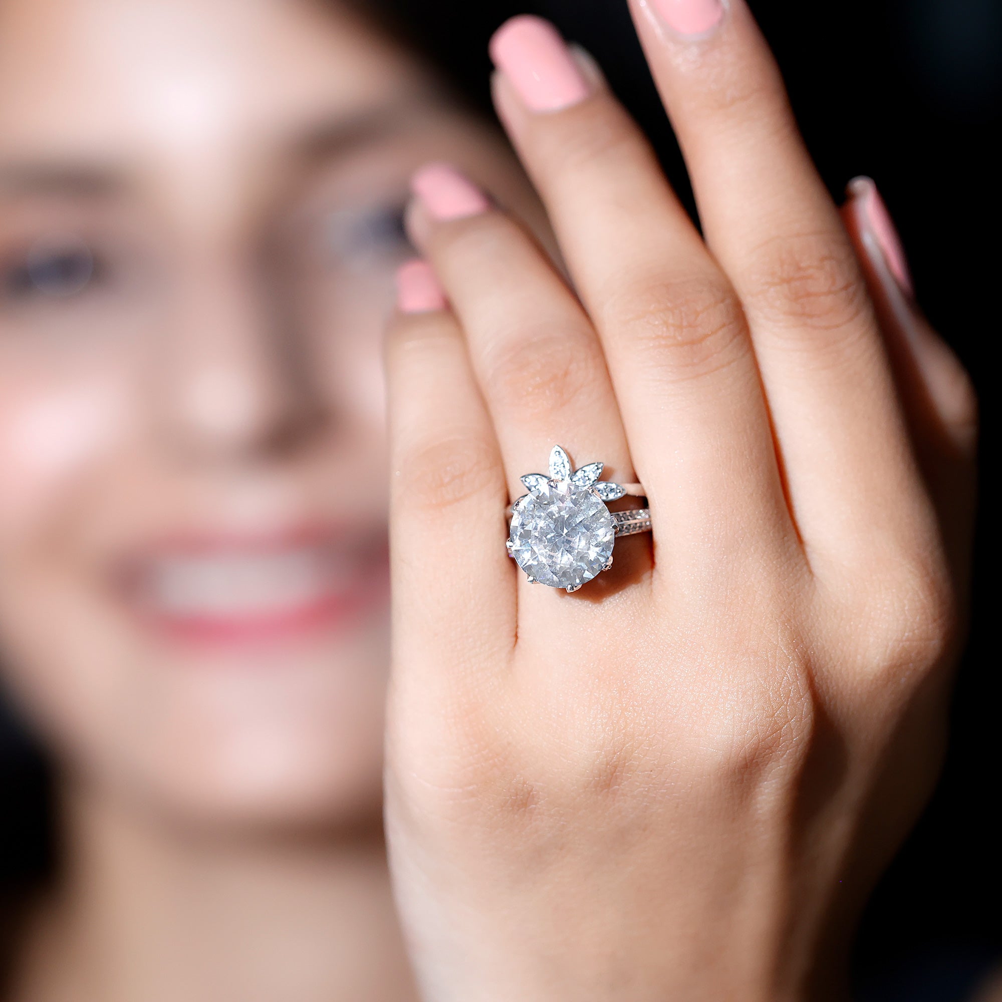 10MM Round Moissanite Flower Engagement Ring With Enhancer D-VS1 - Rosec Jewels