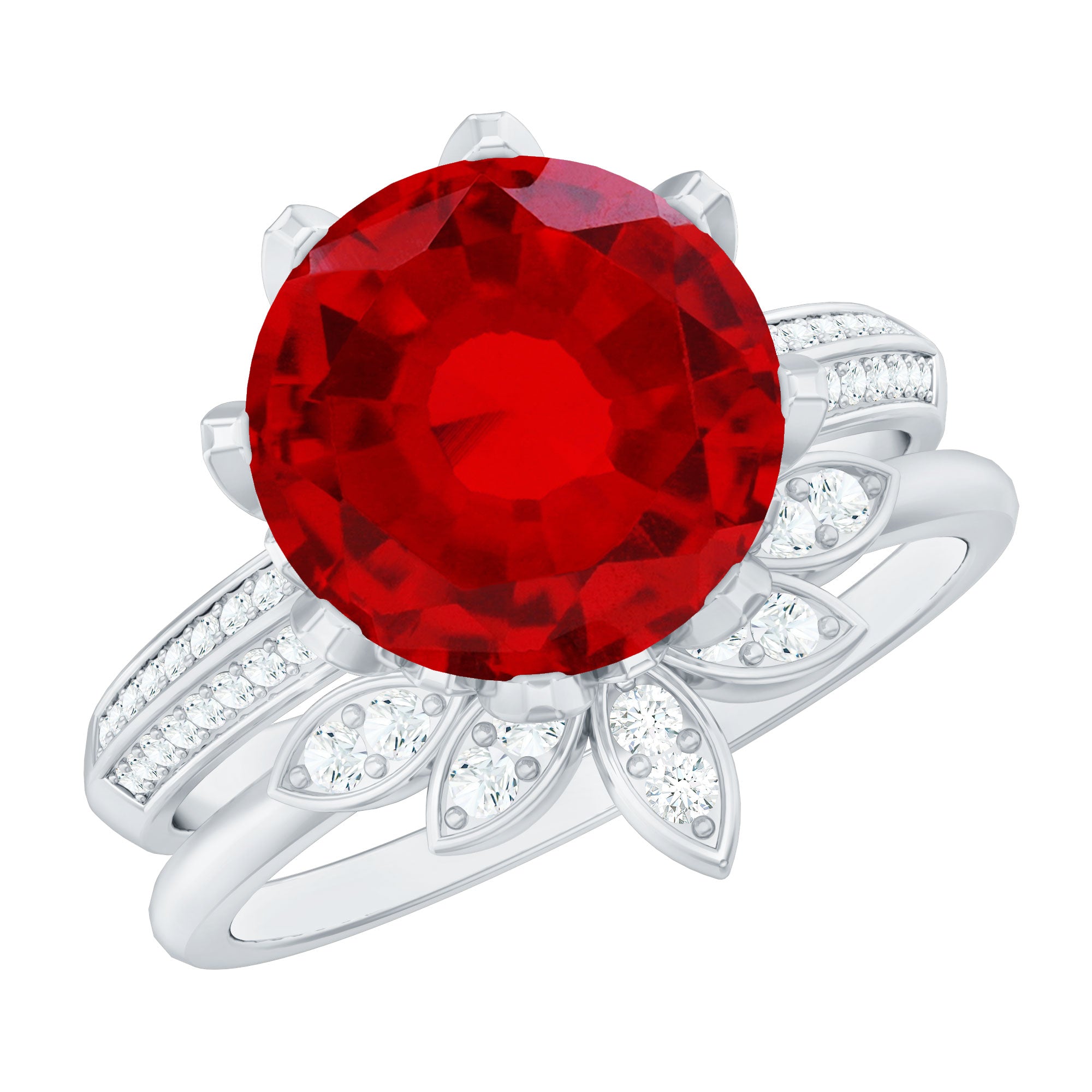 Lab Grown Ruby Flower Bridal Engagement Ring Set with Moissanite