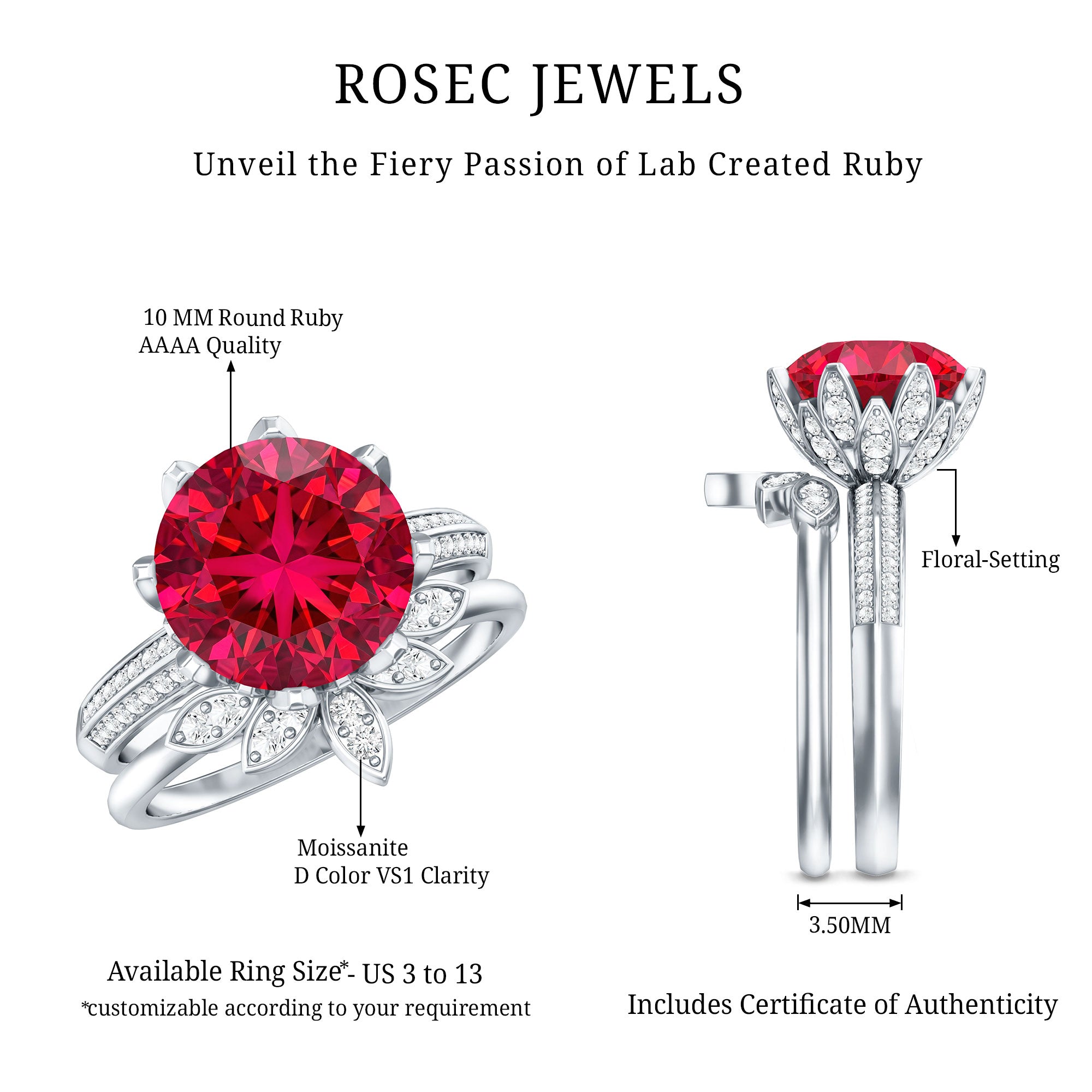 Lab Grown Ruby Flower Bridal Engagement Ring Set with Moissanite AAAA - Rosec Jewels