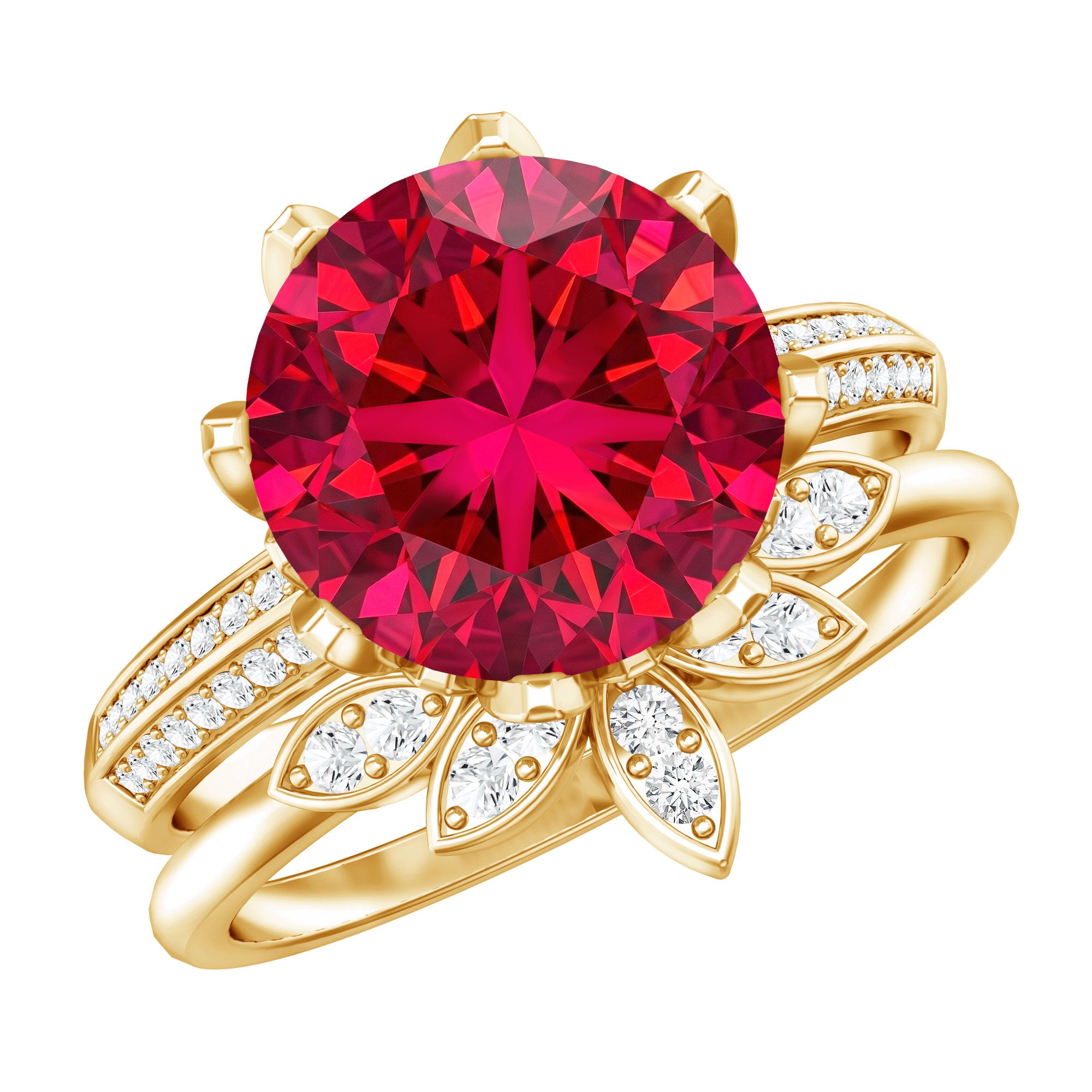 Lab Grown Ruby Flower Bridal Engagement Ring Set with Moissanite AAAA - Rosec Jewels