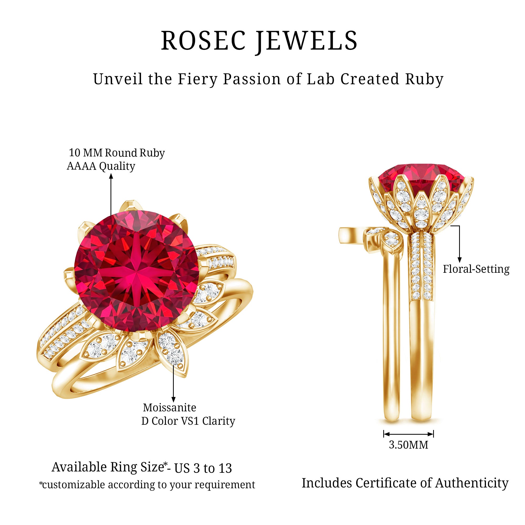 Lab Grown Ruby Flower Bridal Engagement Ring Set with Moissanite AAAA - Rosec Jewels