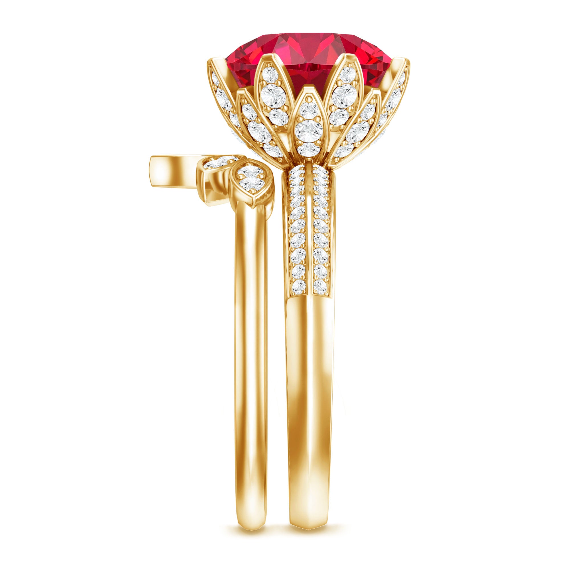 Lab Grown Ruby Flower Bridal Engagement Ring Set with Moissanite AAAA - Rosec Jewels