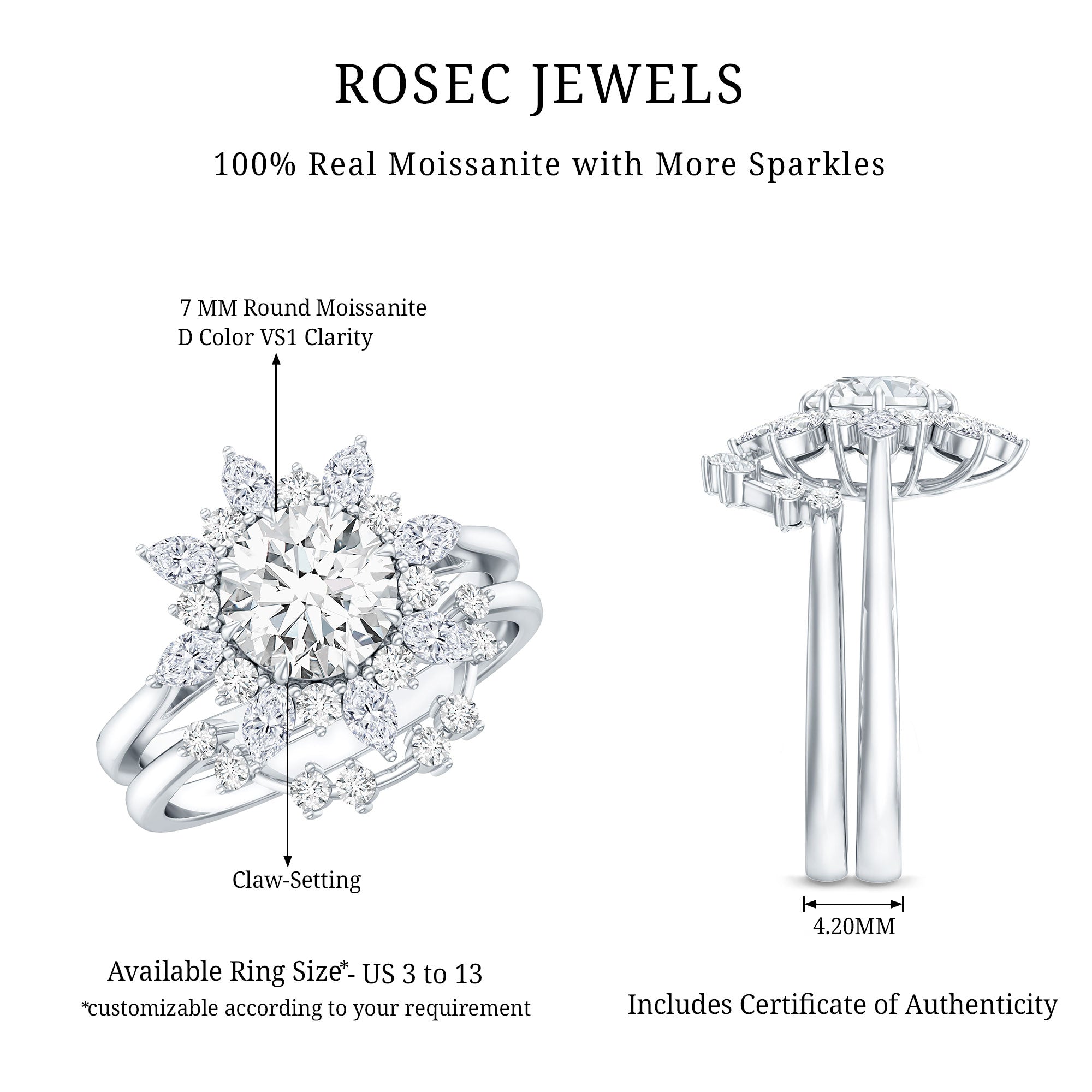 Flower Inspired Moissanite Halo Engagement Ring with Enhancer D-VS1 - Rosec Jewels