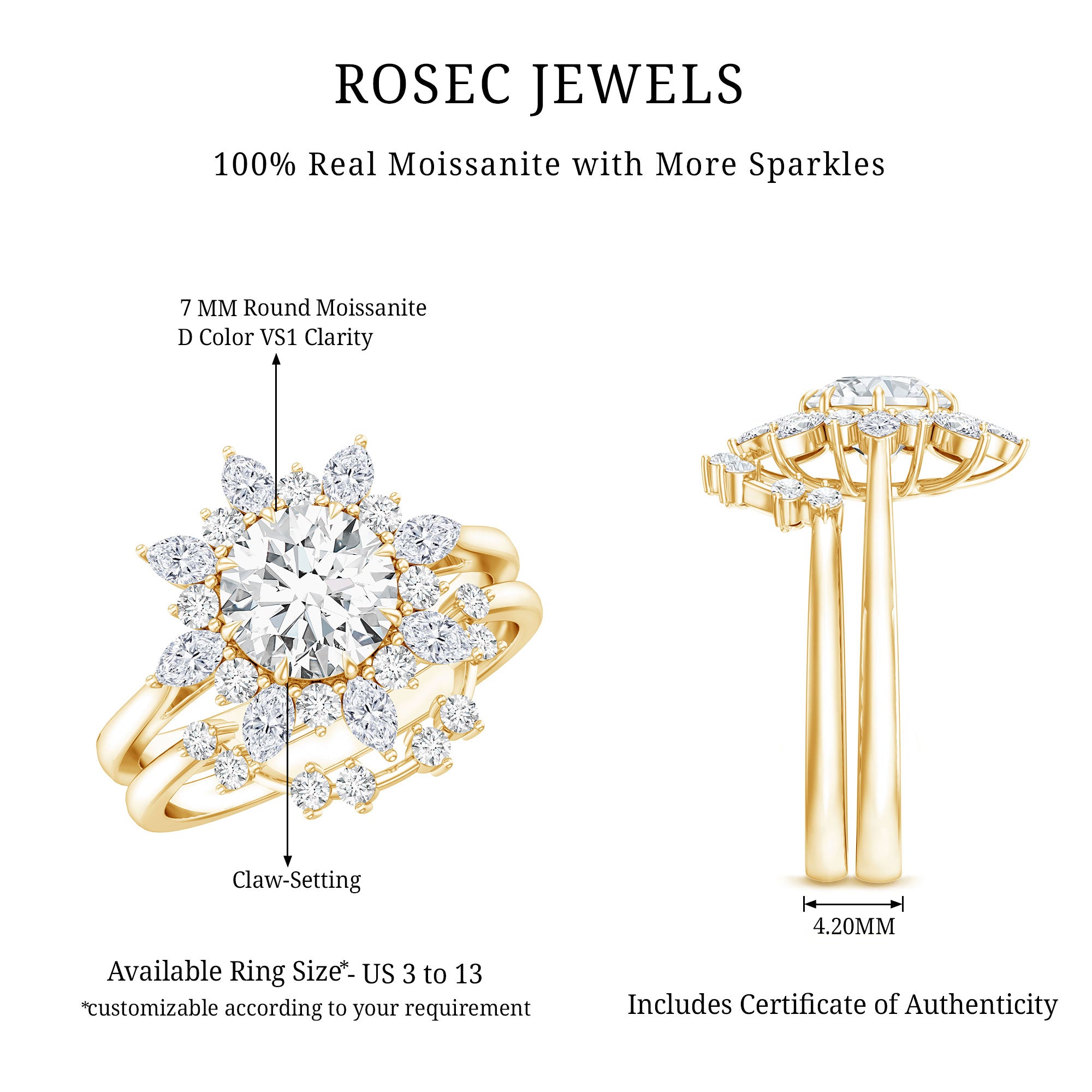 Flower Inspired Moissanite Halo Engagement Ring with Enhancer D-VS1 - Rosec Jewels