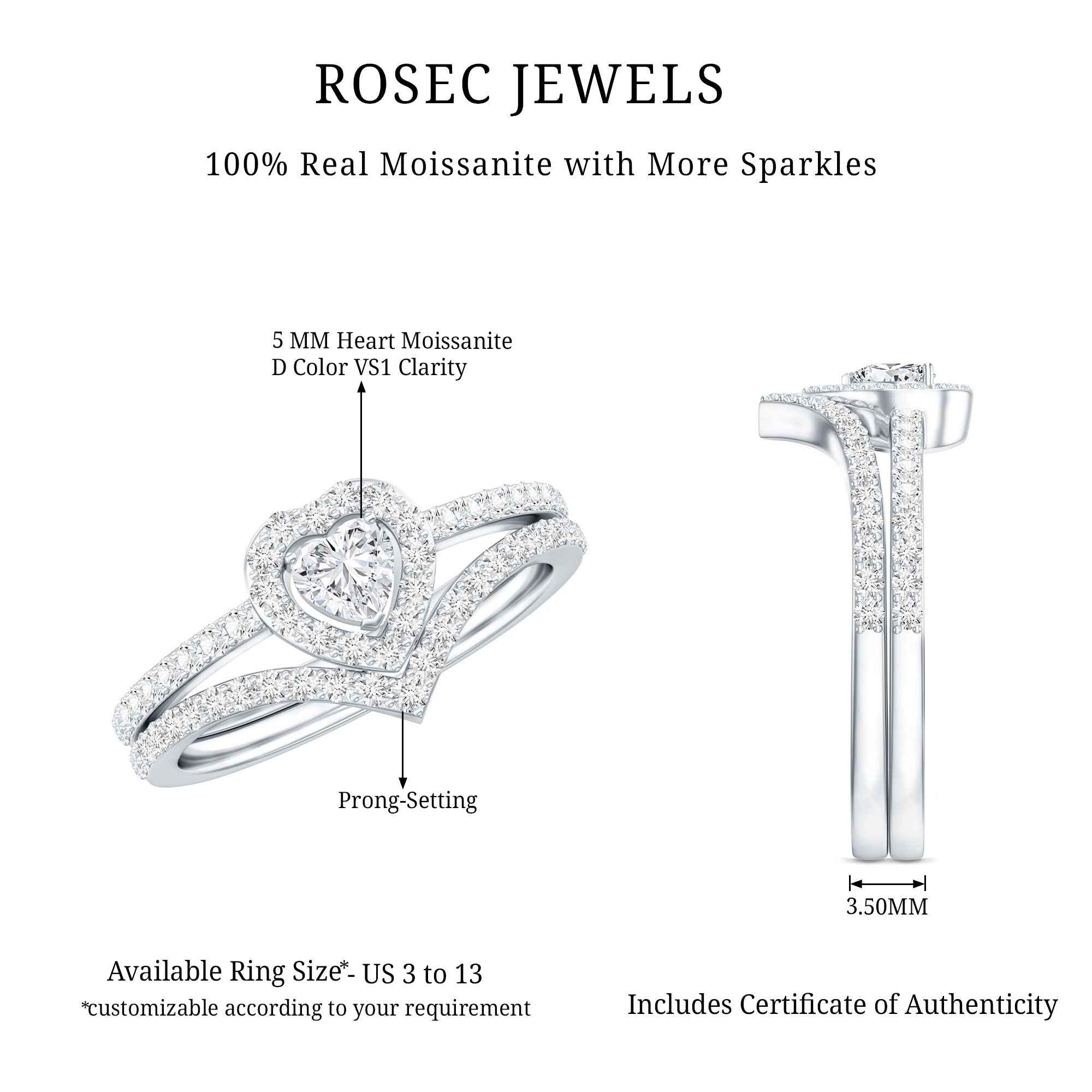 Heart Shape Moissanite Wedding Ring Set For Women D-VS1 - Rosec Jewels
