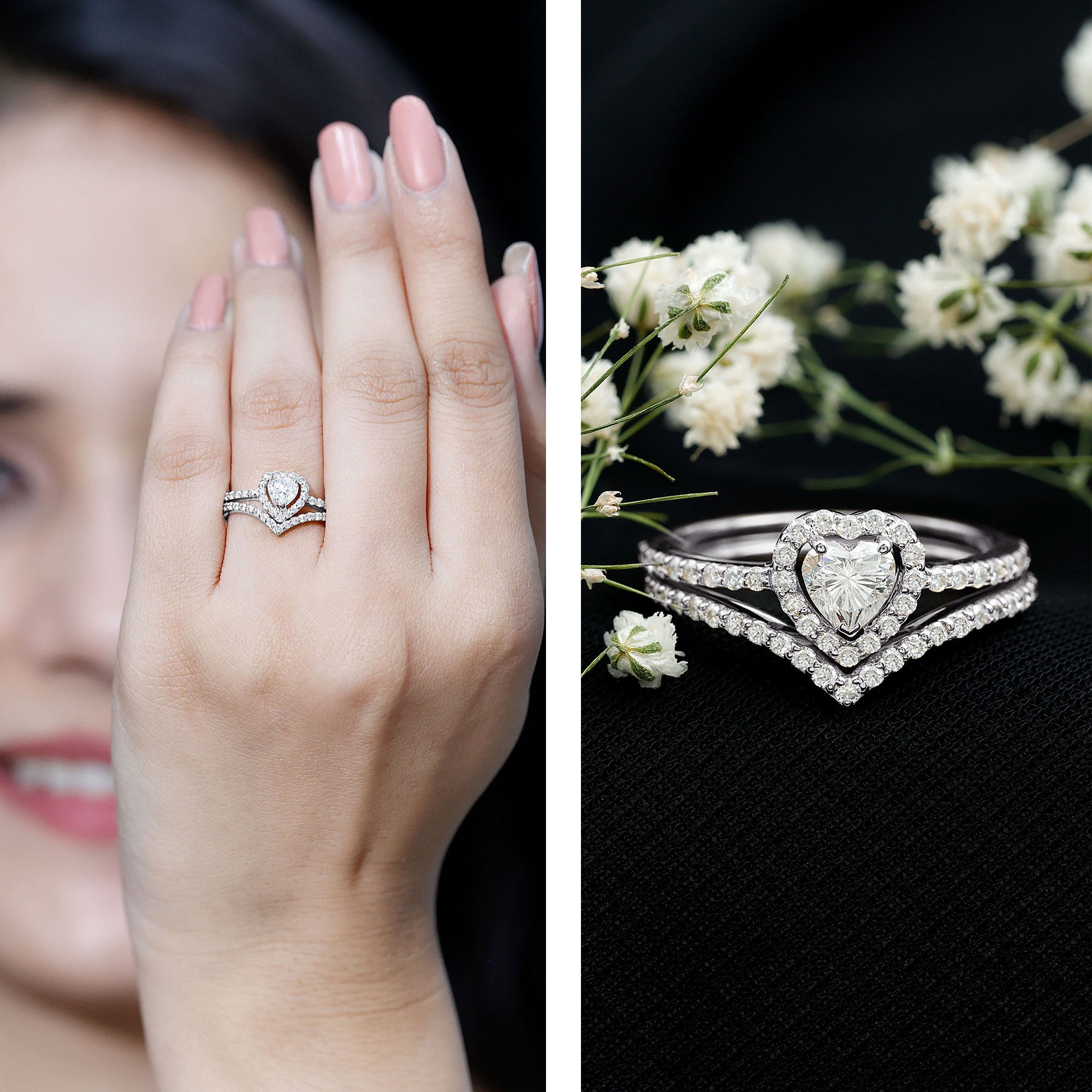 Heart Shape Moissanite Wedding Ring Set For Women D-VS1 - Rosec Jewels