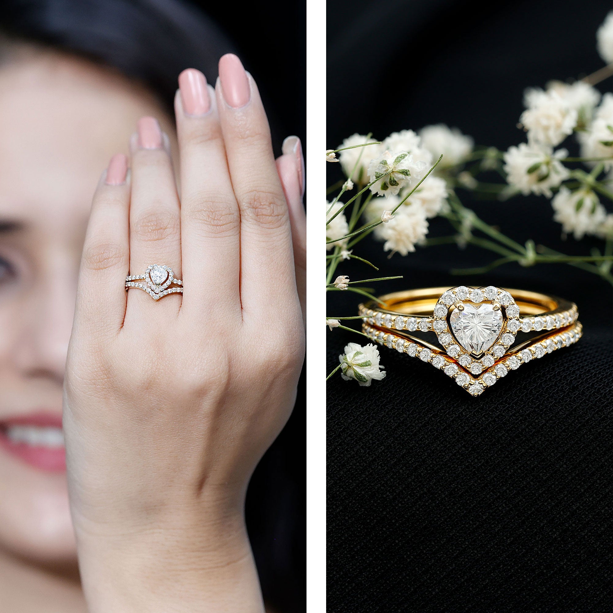 Heart Shape Moissanite Wedding Ring Set For Women D-VS1 - Rosec Jewels