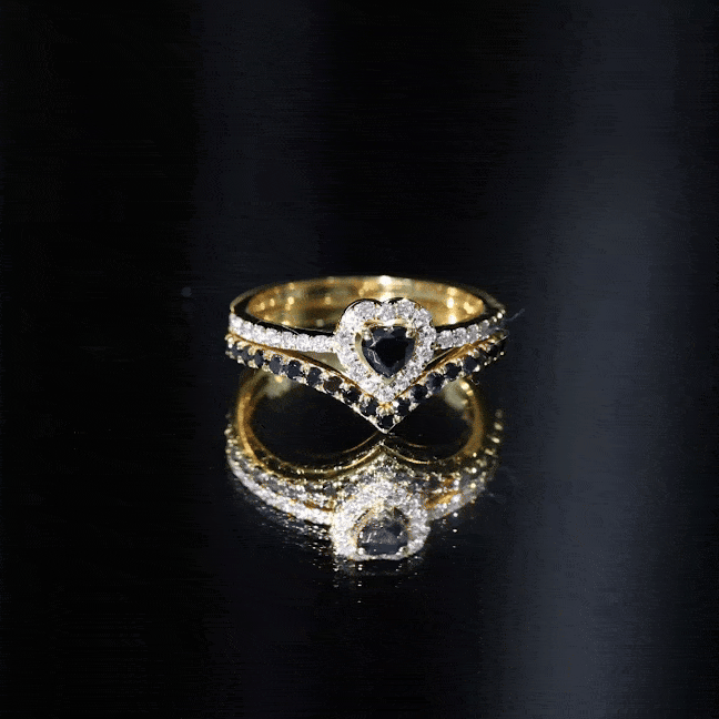 Black Onyx and Diamond Heart Engagement Ring With Ring Guard AAA - Rosec Jewels