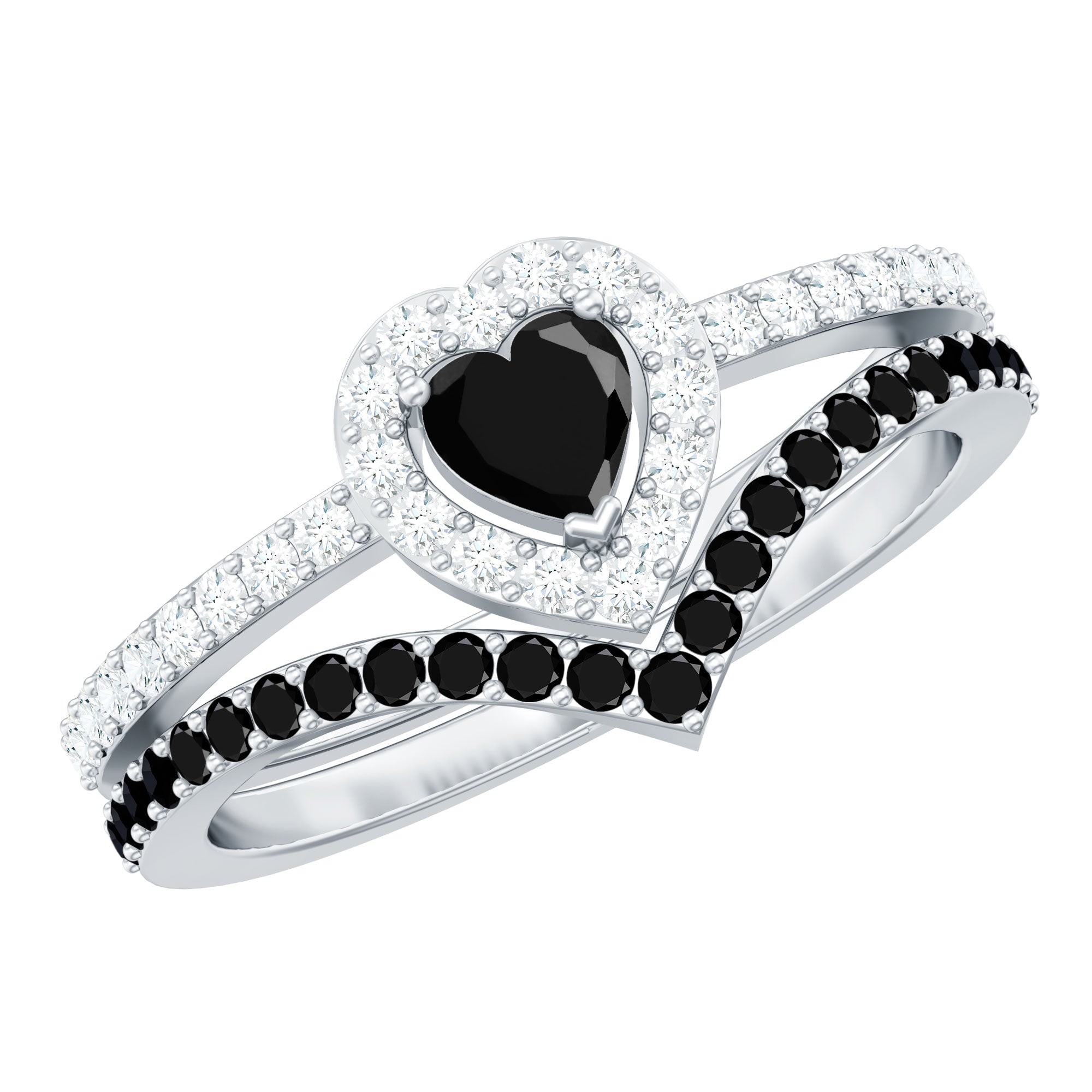Black Onyx and Diamond Heart Engagement Ring With Ring Guard