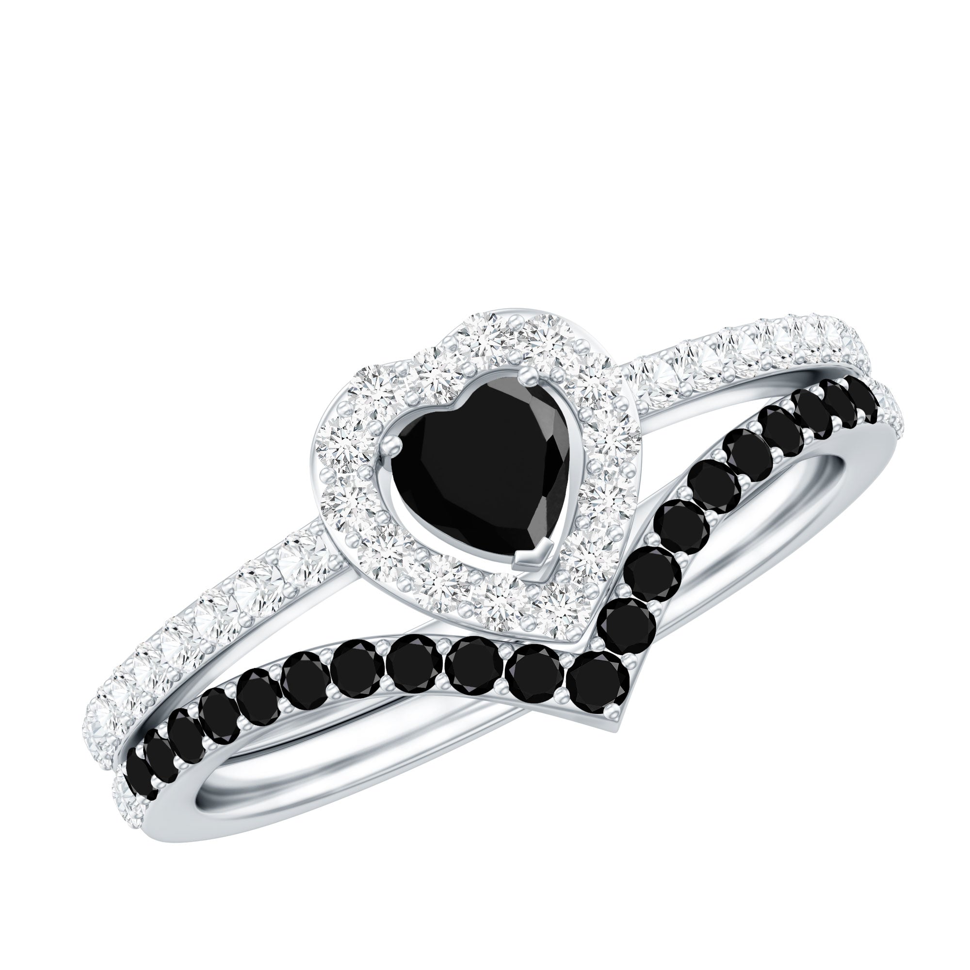 Black Onyx and Diamond Heart Engagement Ring With Ring Guard AAA - Rosec Jewels