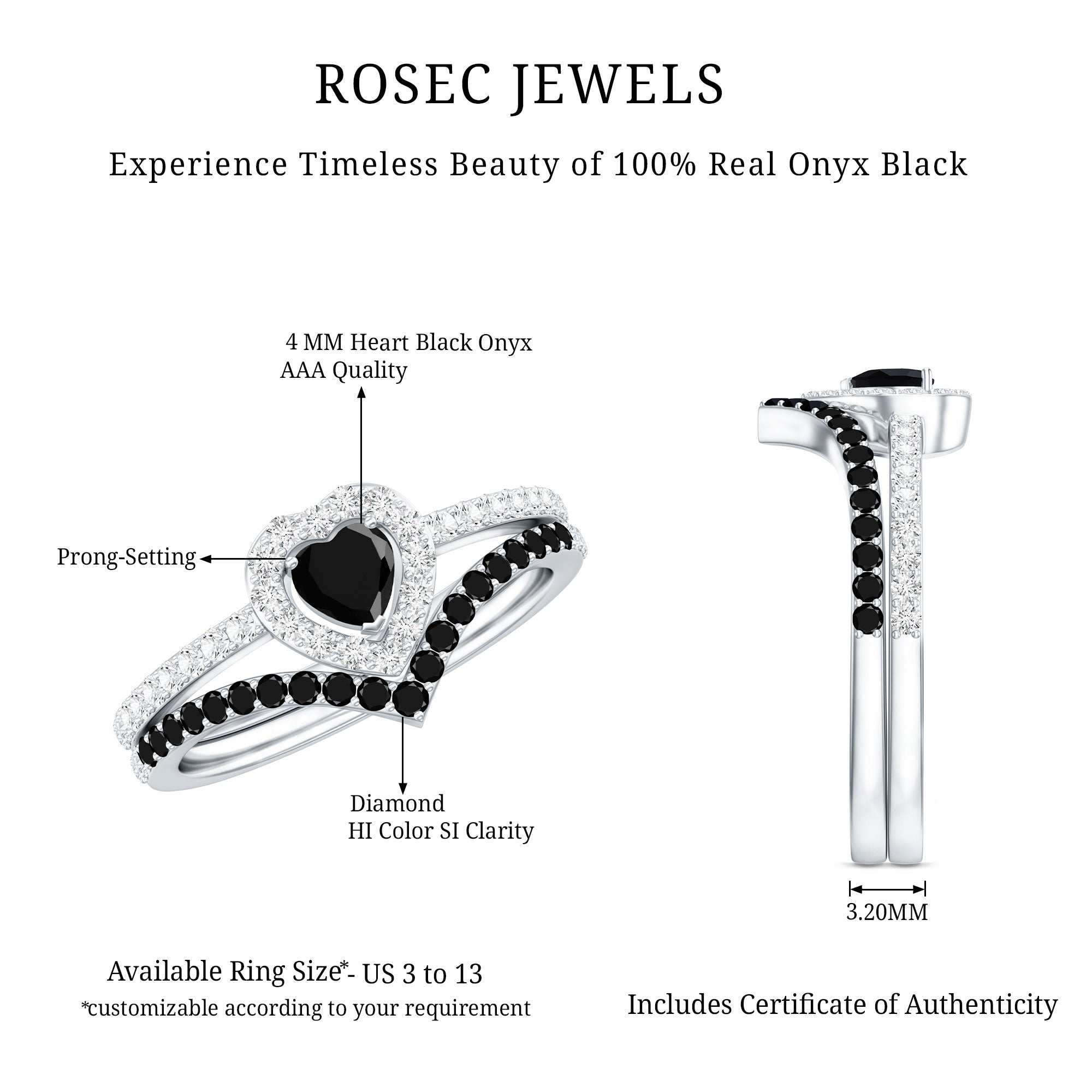 Black Onyx and Diamond Heart Engagement Ring With Ring Guard AAA - Rosec Jewels