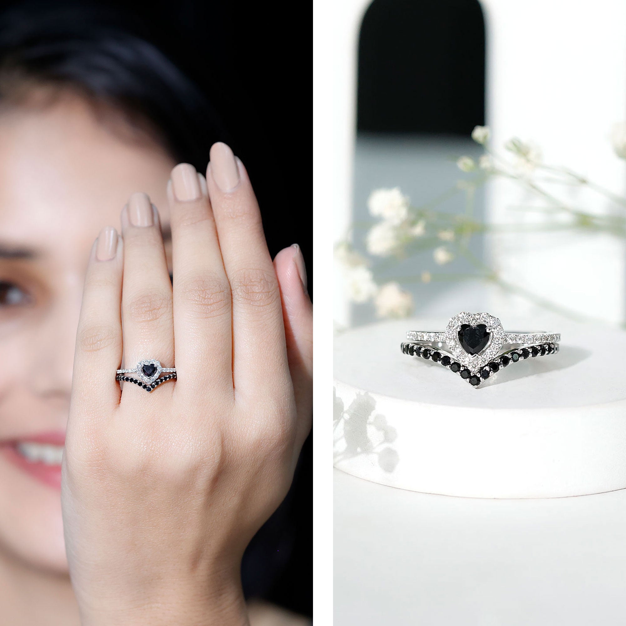 Black Onyx and Diamond Heart Engagement Ring With Ring Guard AAA - Rosec Jewels