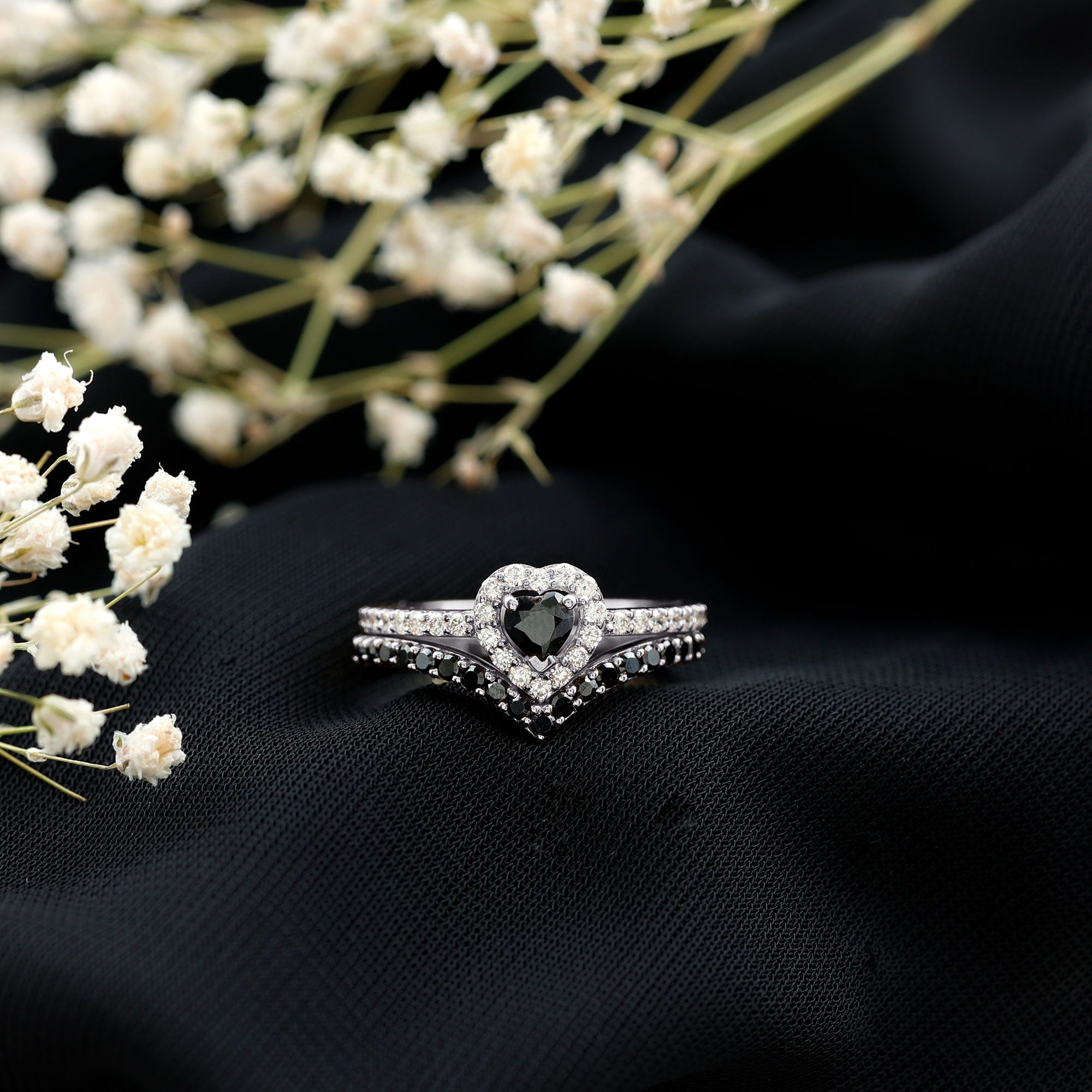 Black Onyx and Diamond Heart Engagement Ring With Ring Guard AAA - Rosec Jewels