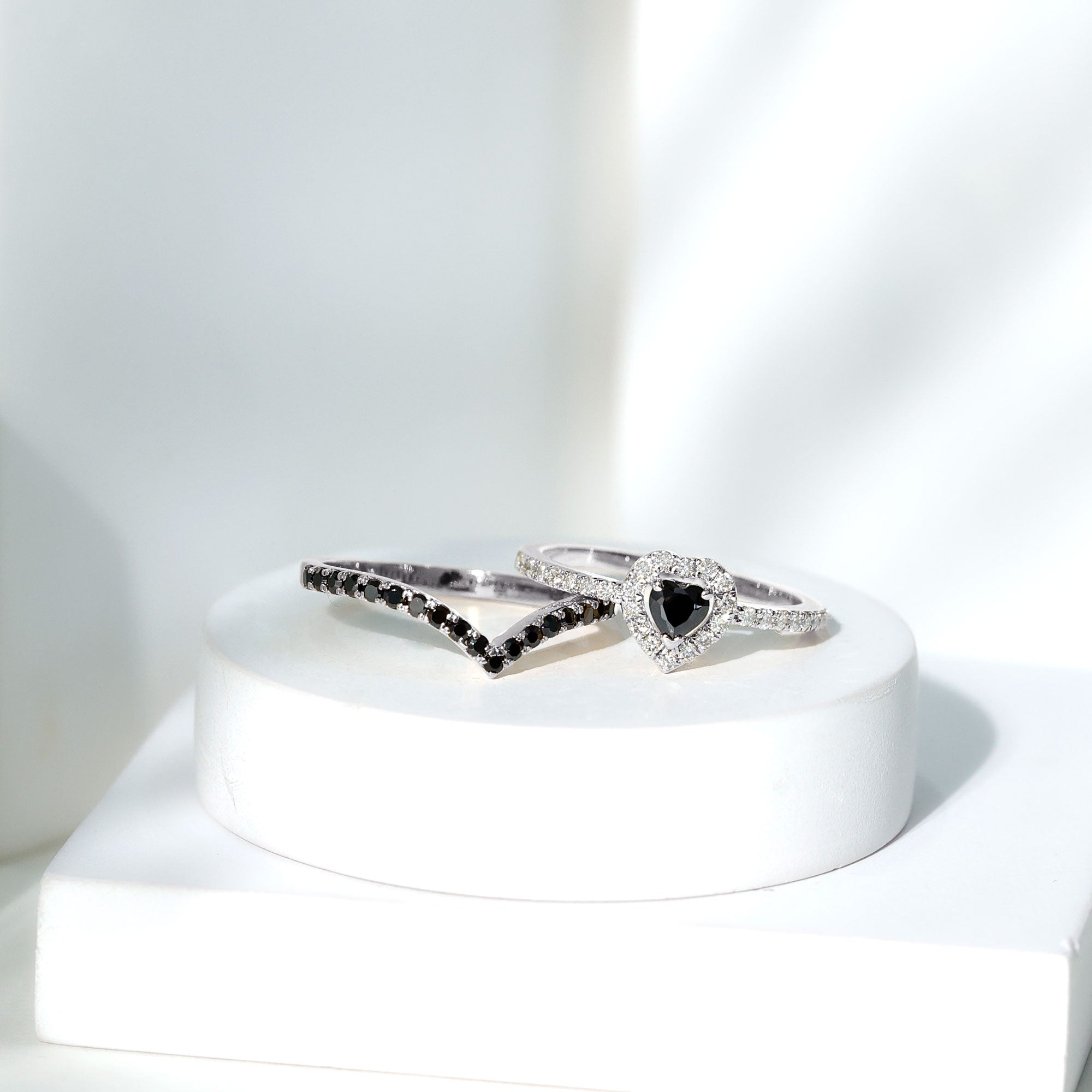 Black Onyx and Diamond Heart Engagement Ring With Ring Guard AAA - Rosec Jewels