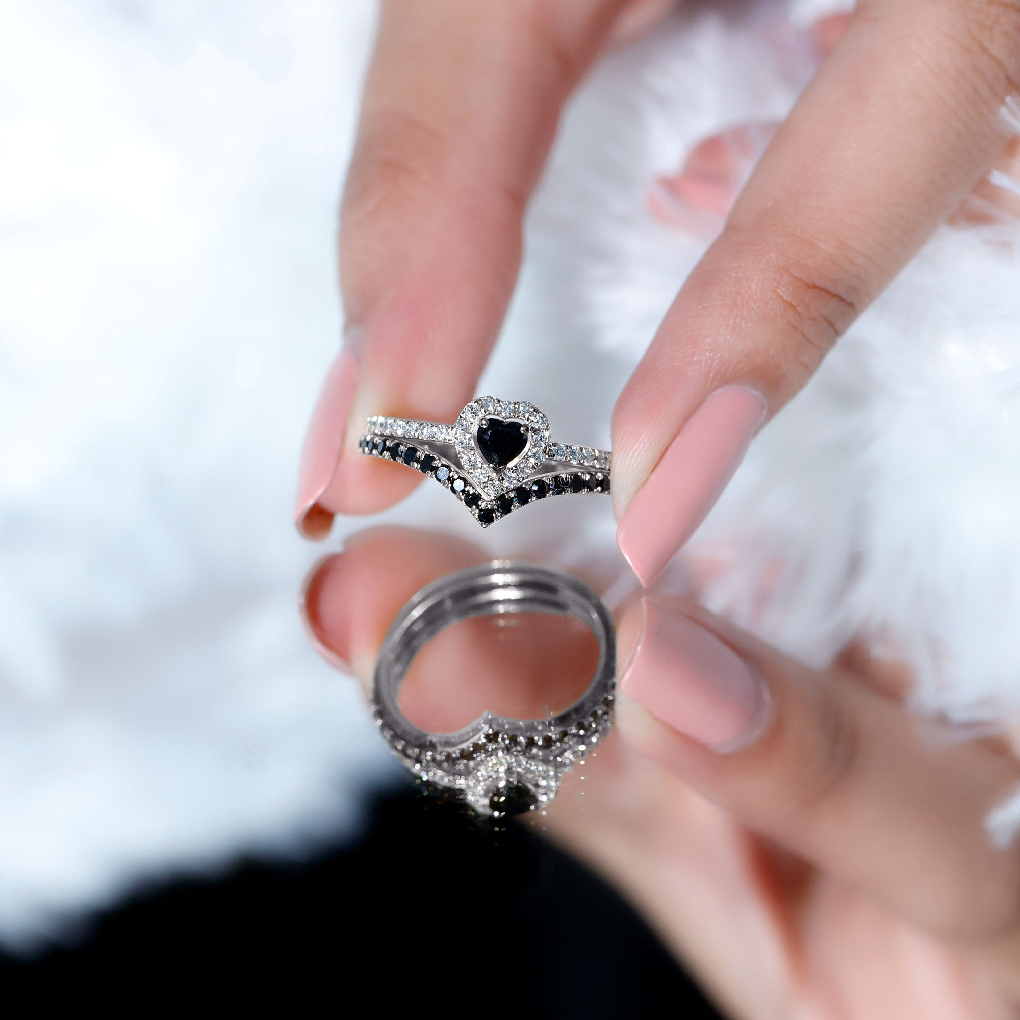 Black Onyx and Diamond Heart Engagement Ring With Ring Guard AAA - Rosec Jewels
