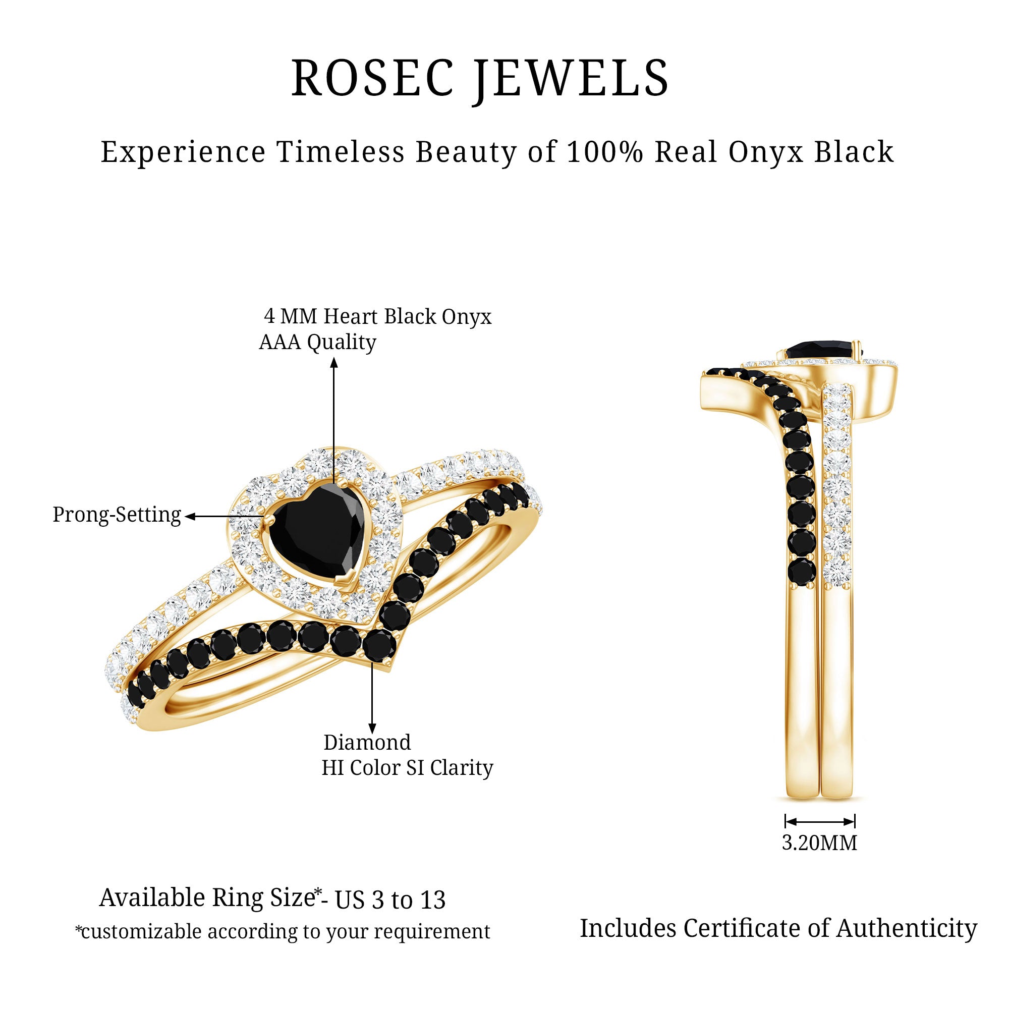 Black Onyx and Diamond Heart Engagement Ring With Ring Guard AAA - Rosec Jewels