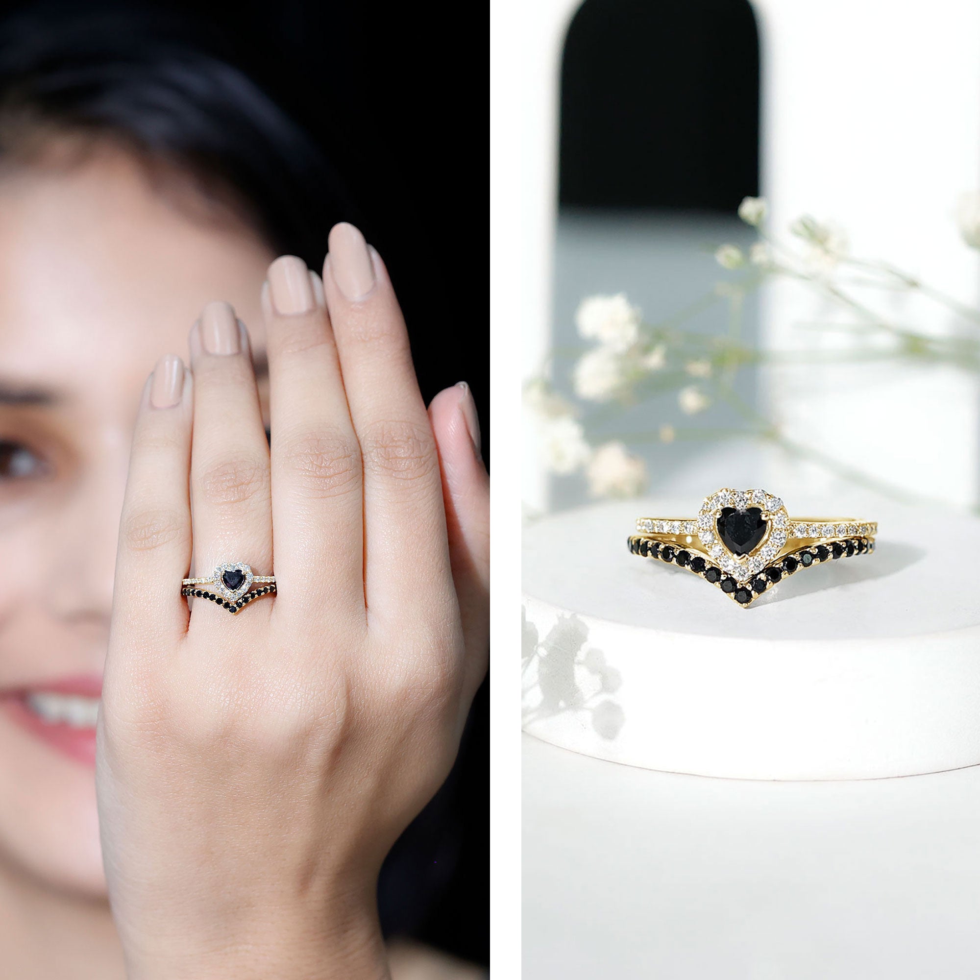 Black Onyx and Diamond Heart Engagement Ring With Ring Guard AAA - Rosec Jewels