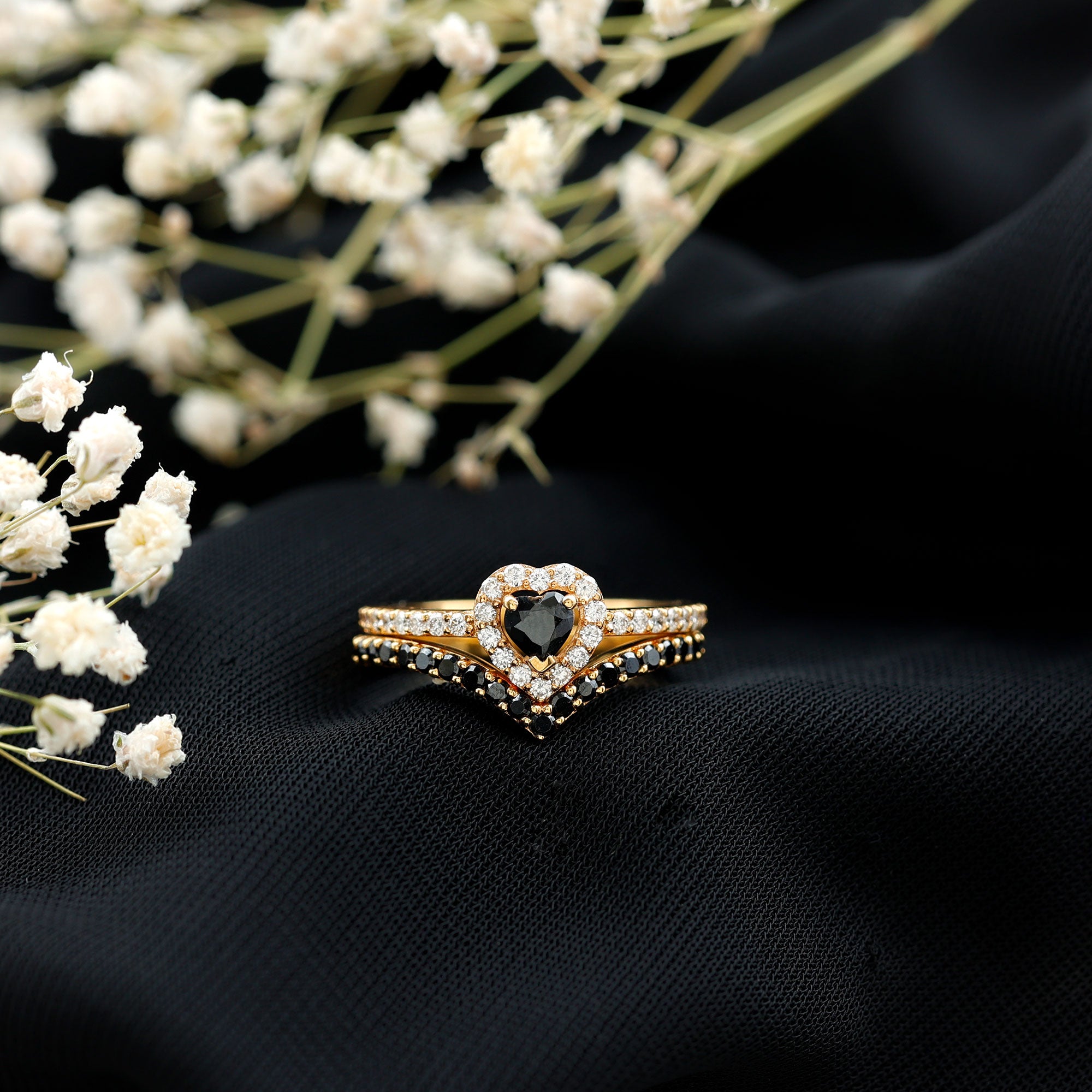 Black Onyx and Diamond Heart Engagement Ring With Ring Guard AAA - Rosec Jewels