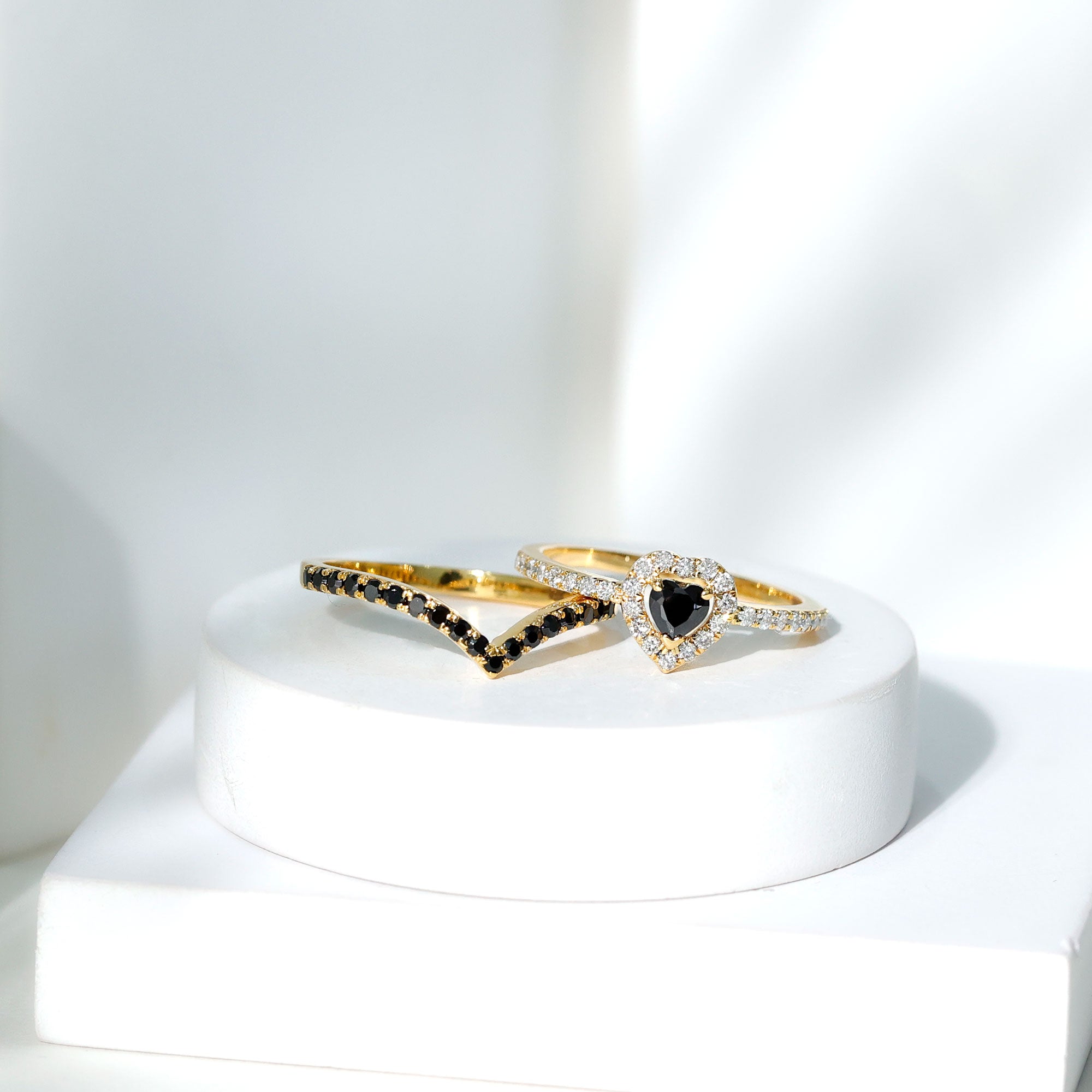 Black Onyx and Diamond Heart Engagement Ring With Ring Guard AAA - Rosec Jewels