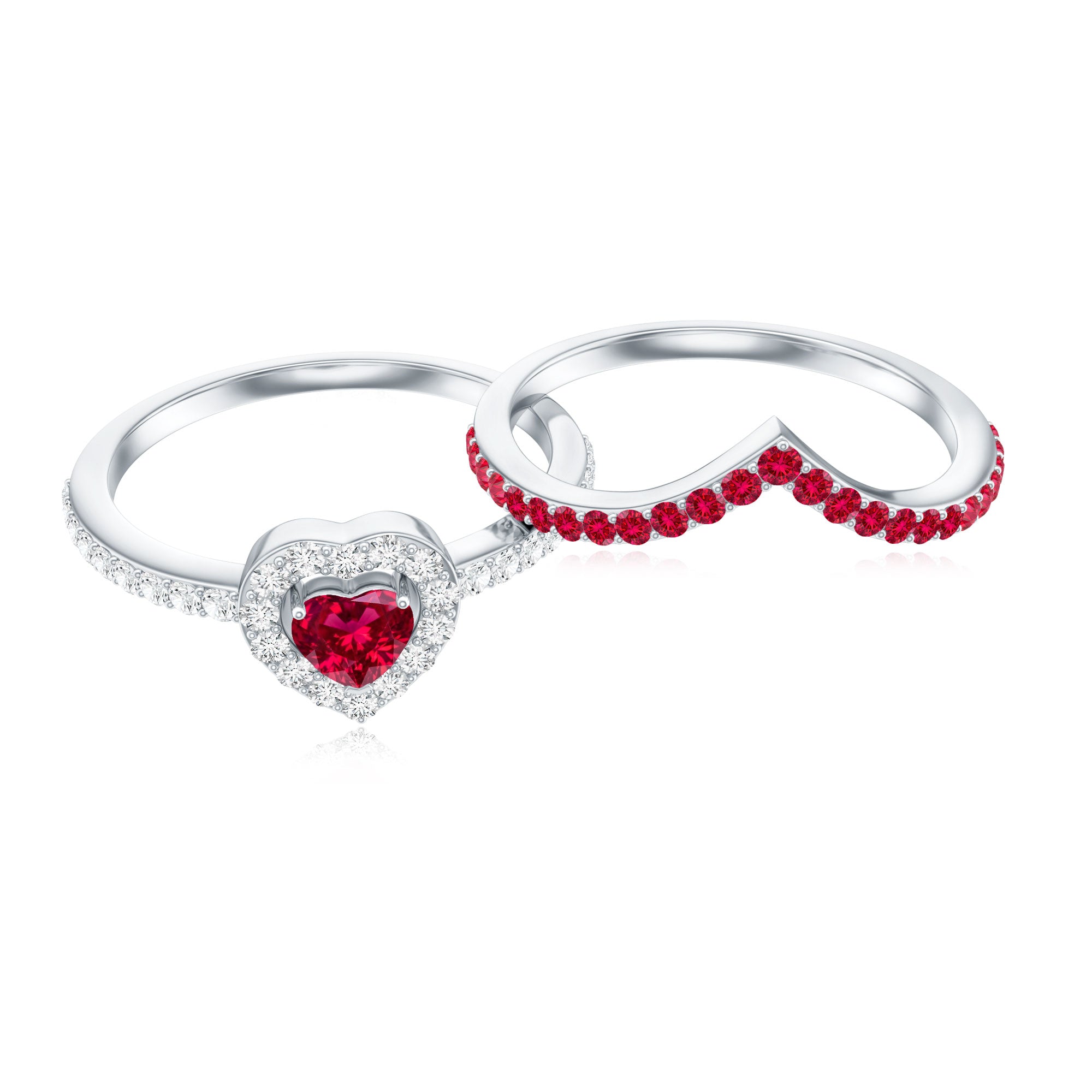 Rosec Jewels-Lab Created Ruby and Diamond Heart Wedding Ring Set