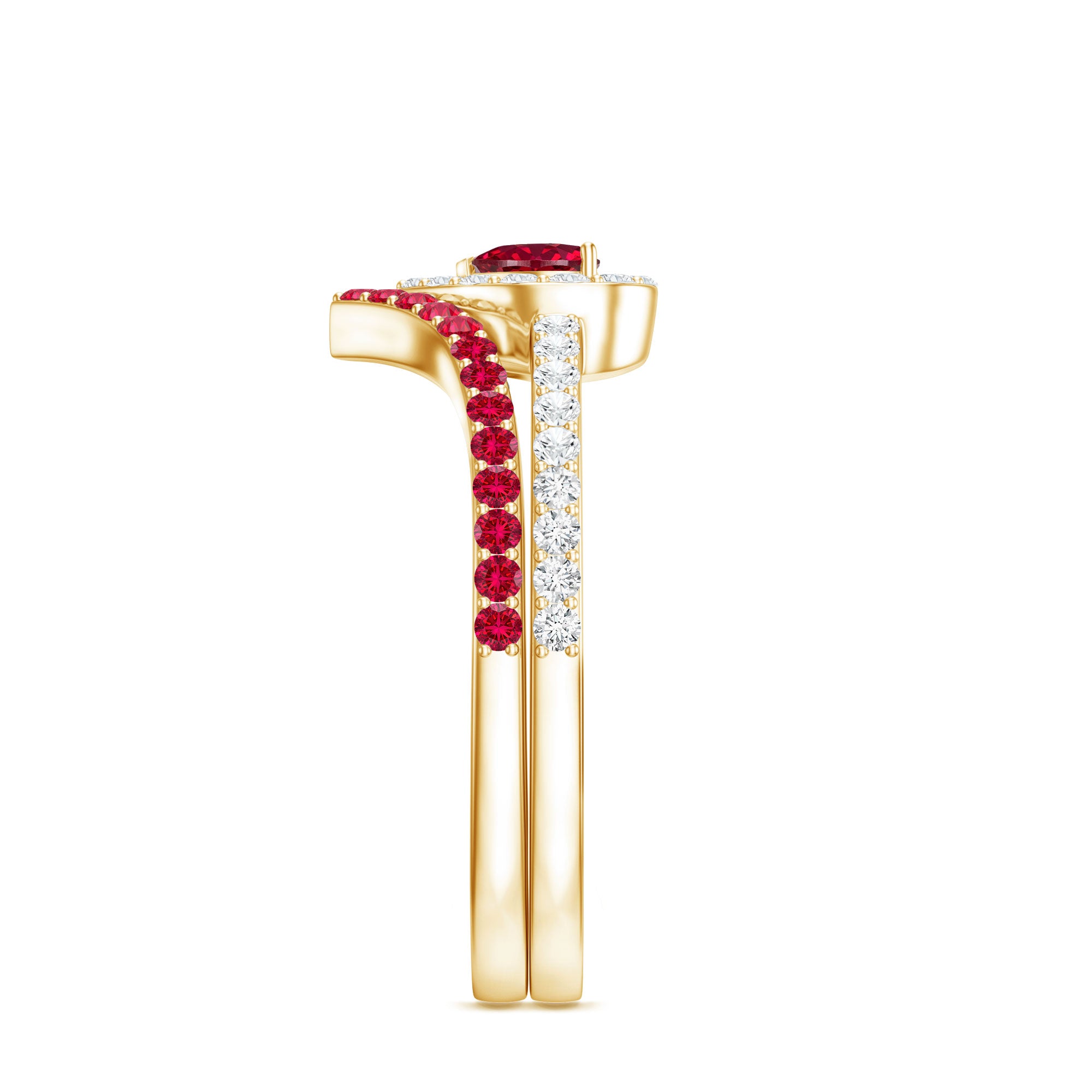 Rosec Jewels-Lab Created Ruby and Diamond Heart Wedding Ring Set