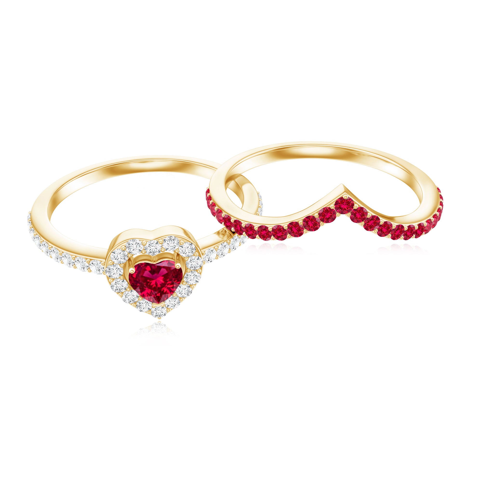 Rosec Jewels-Lab Created Ruby and Diamond Heart Wedding Ring Set