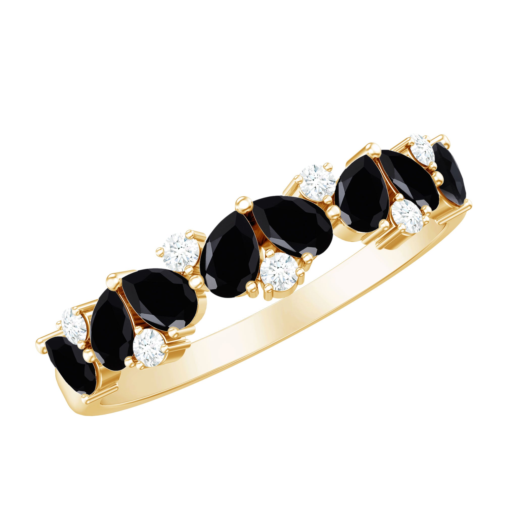 Natural Black Onyx and Diamond Half Eternity Band Ring AAA - Rosec Jewels