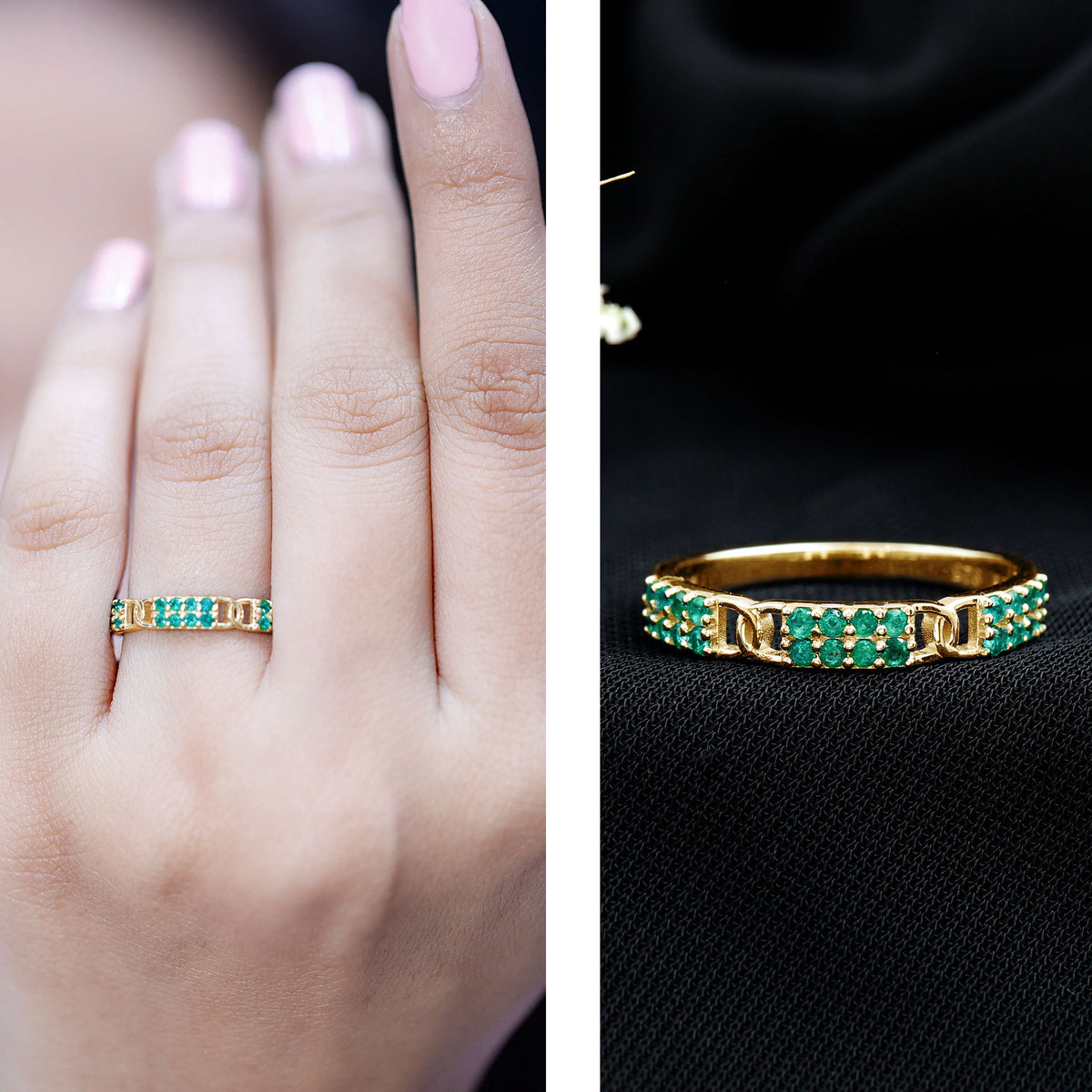 Real Emerald Interlocking Wedding Band with Certificate AAA - Rosec Jewels