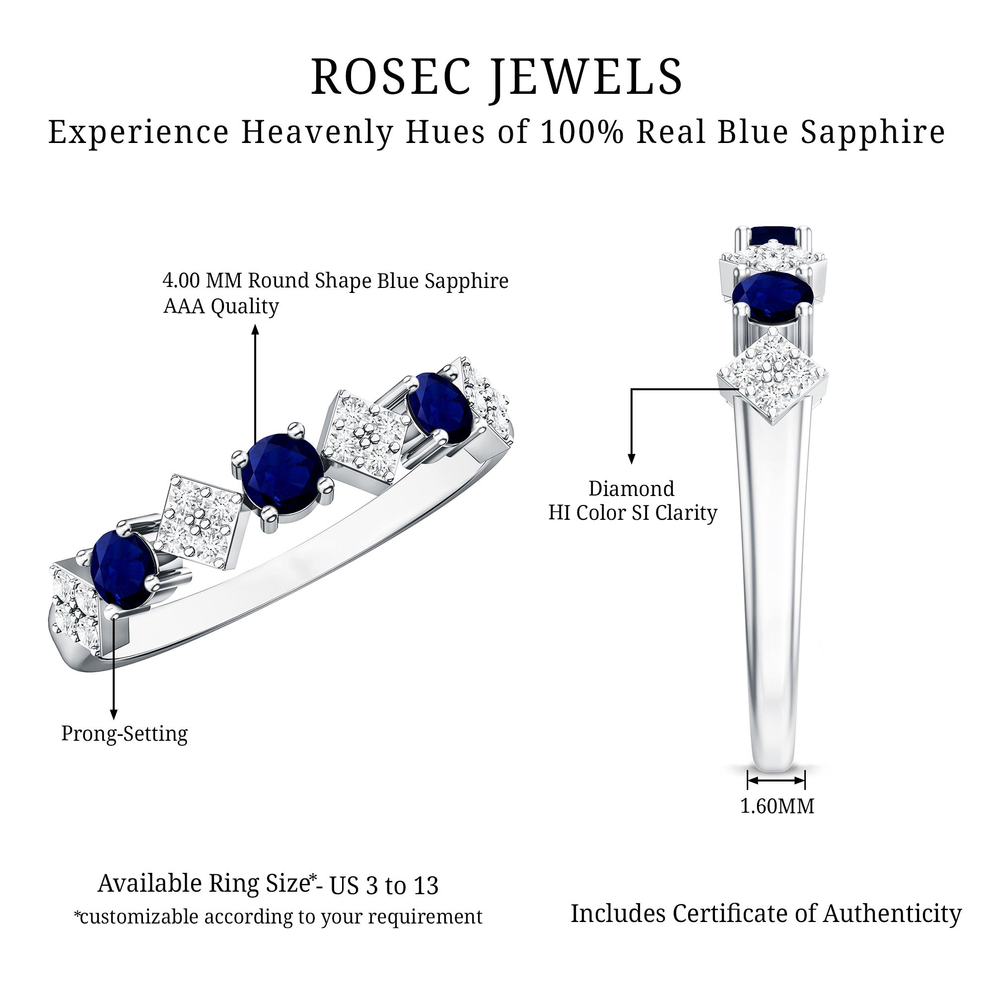 Natural Blue Sapphire and Diamond Half Eternity Band Ring for Women AAA - Rosec Jewels